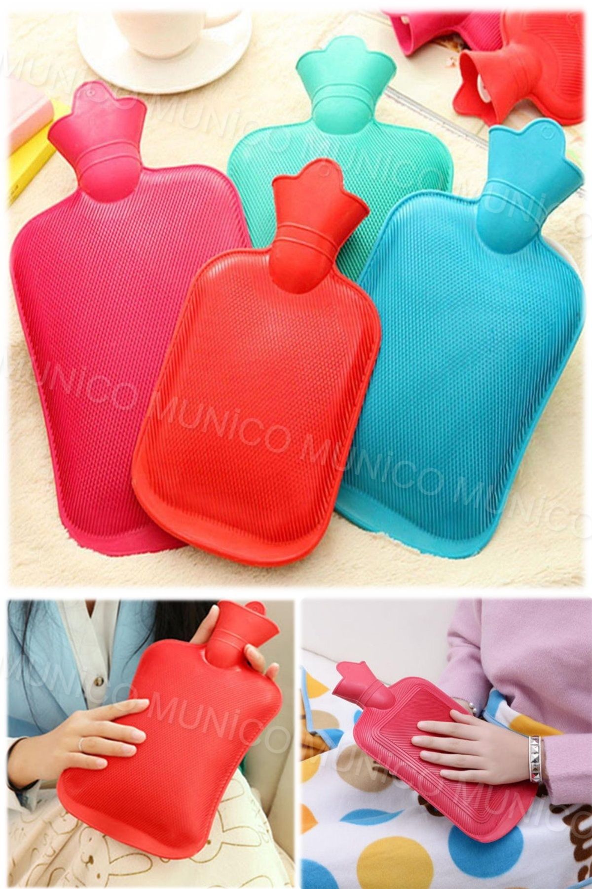 Munico 1000 ml Ev Hick Kauçuk Su Şişesi Çanta Isıtıcı Rahatlatıcı Isı Terapisi Rahat Regl Karın Ağrısı İçin