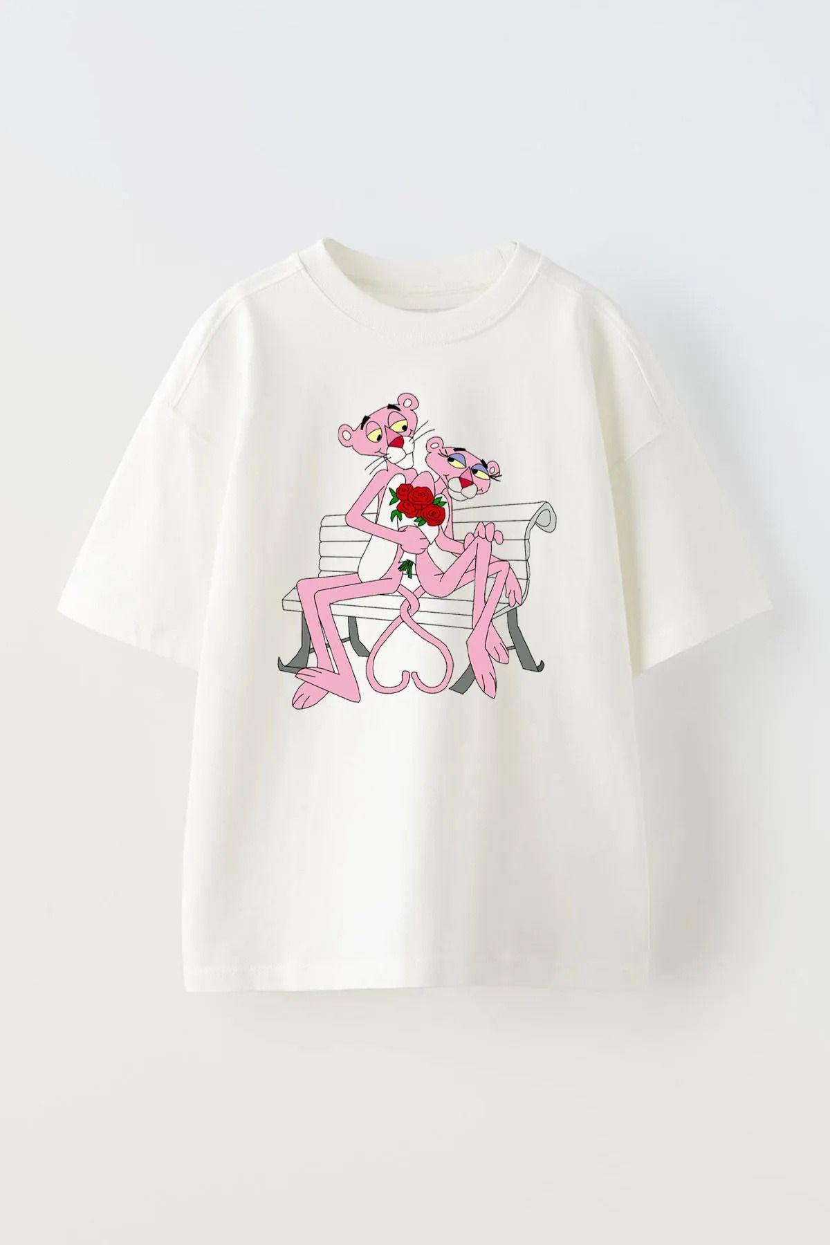 FECCY Pamuklu Unisex Pembe Panter Ve Sevgilisi Tasarım Baskılı Pamuk Sıyah Oversize T-shirt