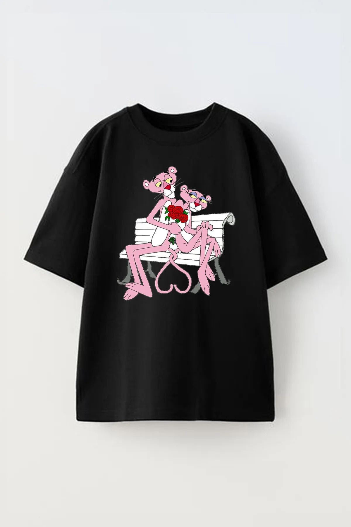 FECCY Pamuklu Unisex Pembe Panter Ve Sevgilisi Tasarım Baskılı Pamuk Sıyah Oversize T-shirt