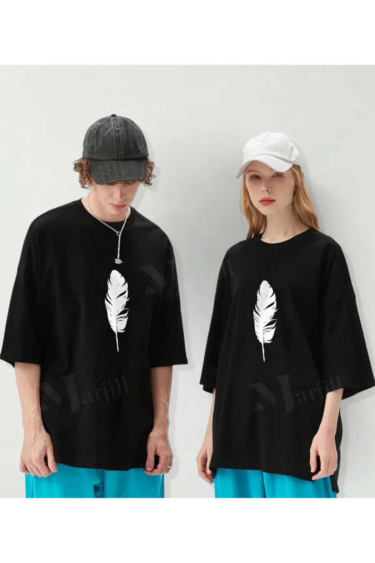 FECCY Pamuklu Unisex Sevgili Kombini Yaprak Tasarım Siyah Oversize Tshirt 2'li Set