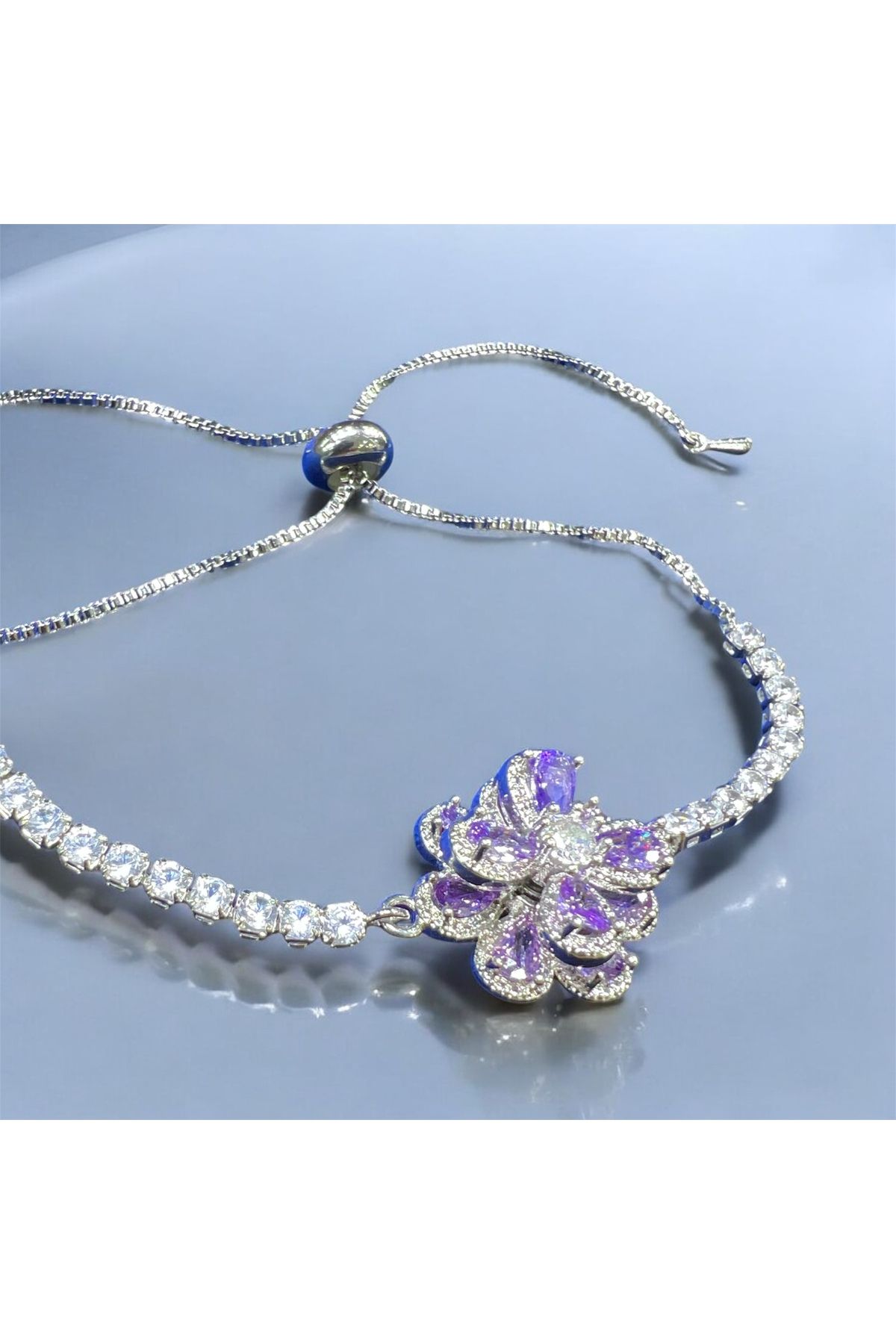 JEWELRY Mor Taşlı Asansör Çiçekli Bileklik Rodyum Kaplama