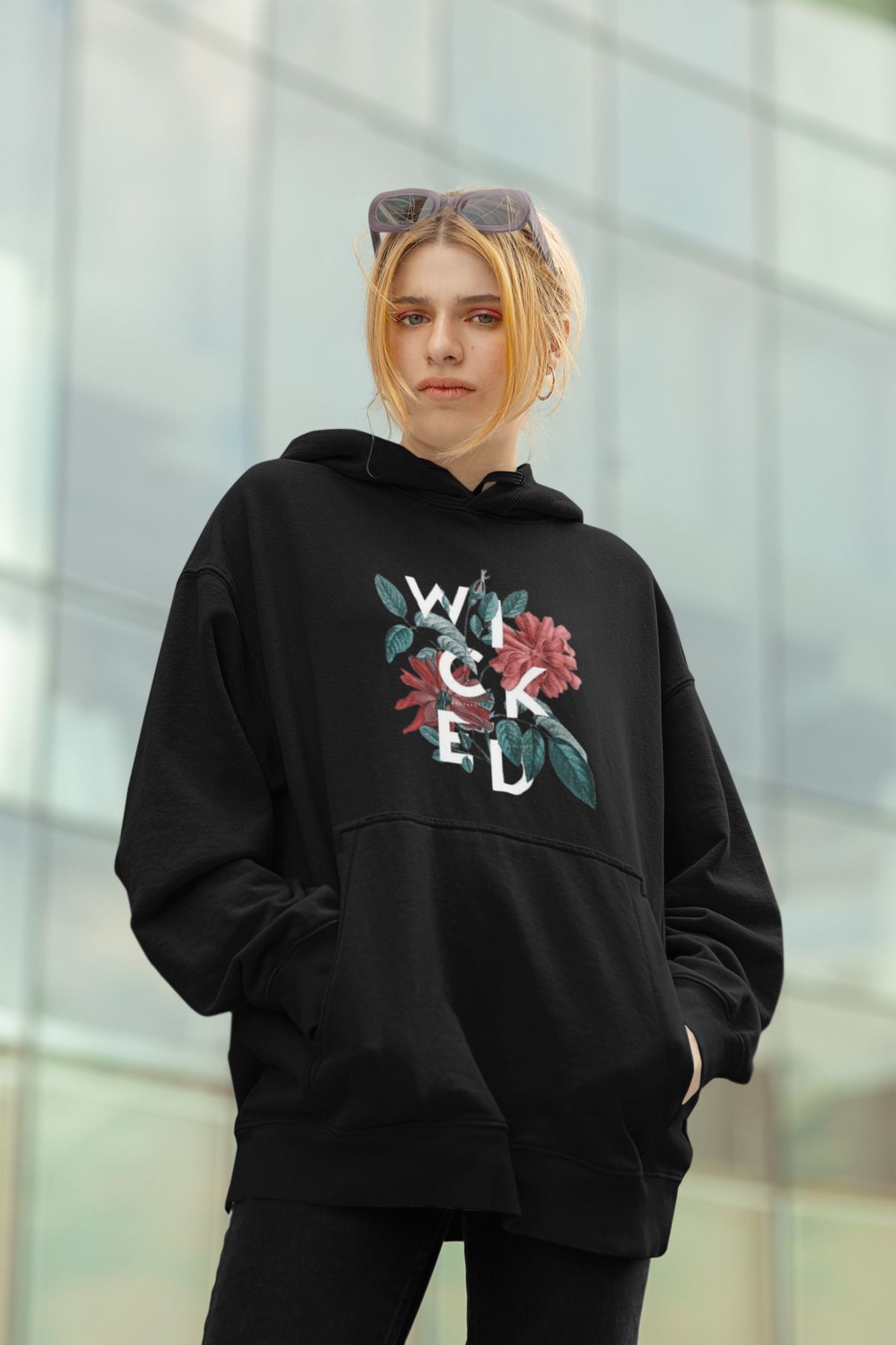 MAGORS WICKED BASKILI KADIN PAMUKLU UZUN KOLLU ŞARDONLU 3 İPLİK KAPŞONLU SWEATSHIRT