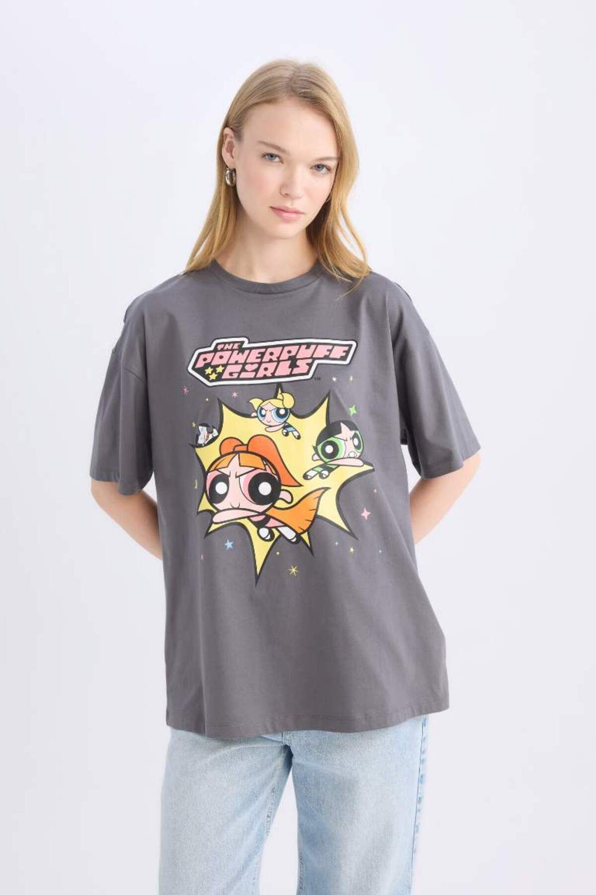DeFacto Yeni Sezon Coool PowerPuff Girls Oversize Geniş Kalıp Bisiklet Yaka Baskılı Kısa Kollu