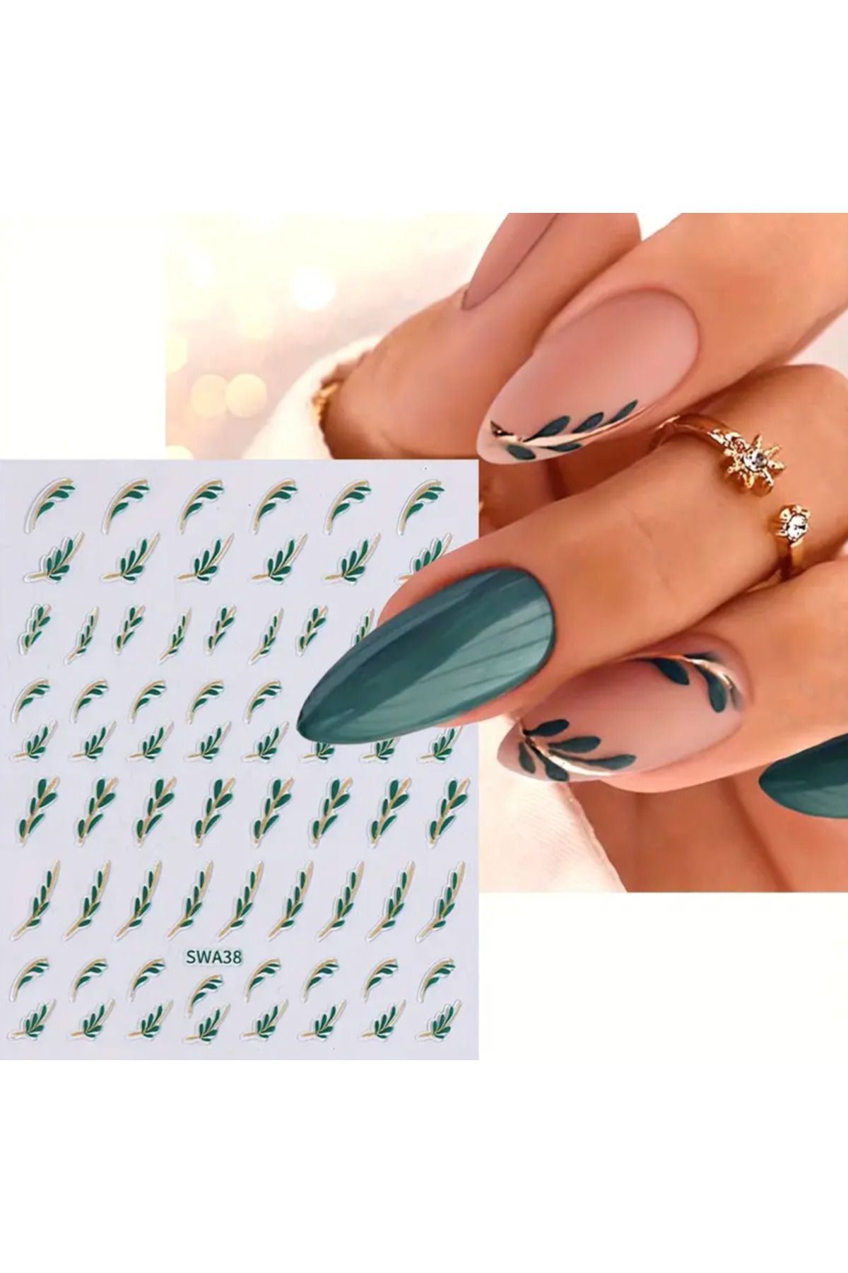 Takıtolia Nailist Greeny - Yeşil Altın Yaldızlı Bohem Yapışkanlı Tırnak Sticker Nail Art Tırnak Dövmesi