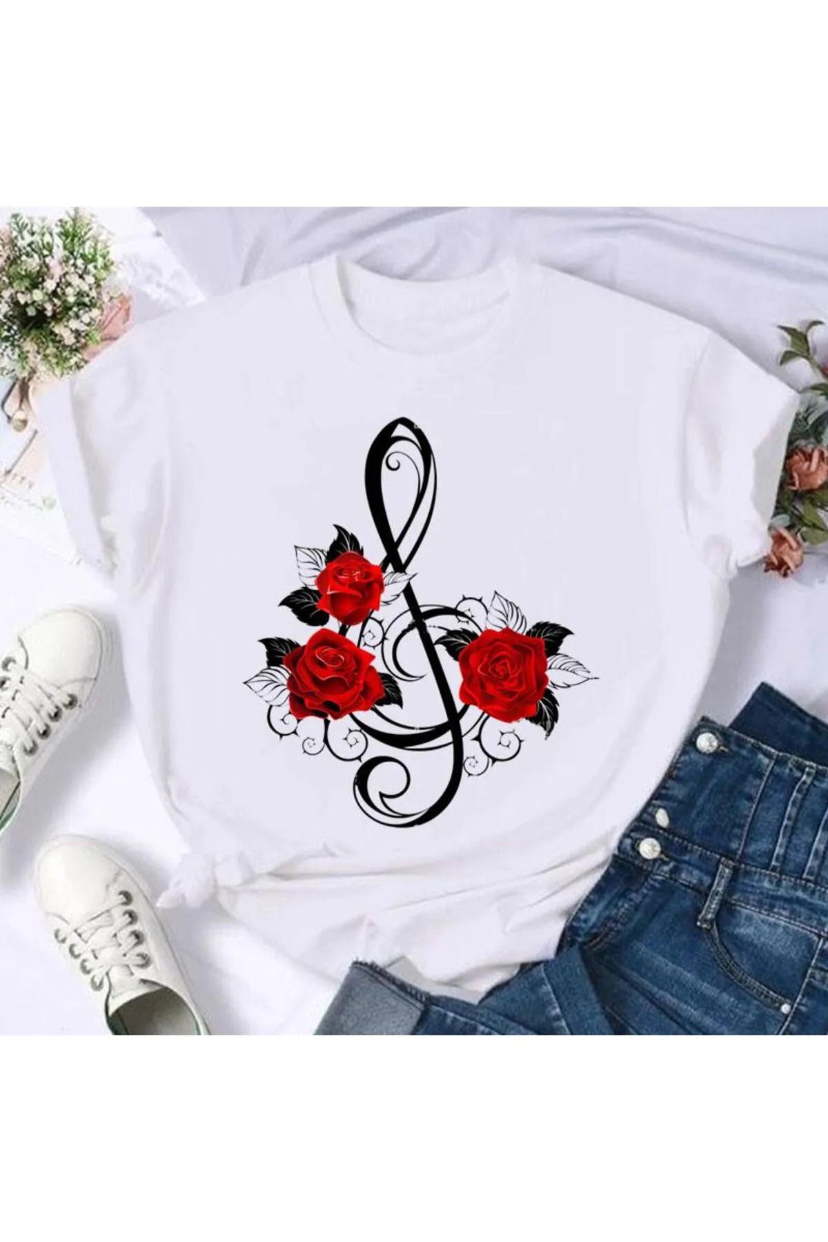 FECCY Pamuklu _Kadın T-shirt renkli kelebek Petal baskı kısa kollu Tişört