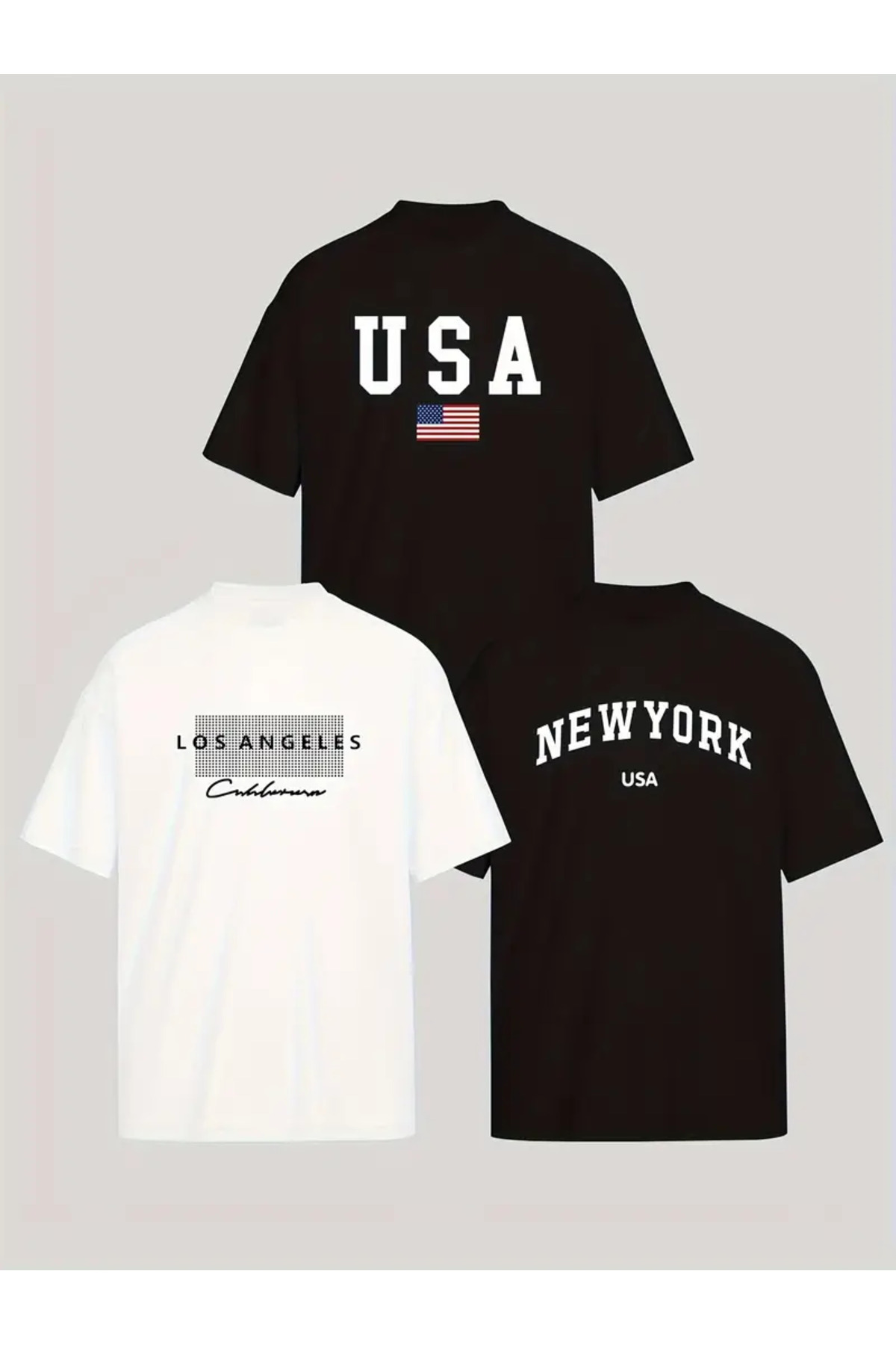 ALİKA Unisex Λευκό-Μαύρο Σετ 3 Μπλουζάκια Νο. 4 με στάμπα Oversize