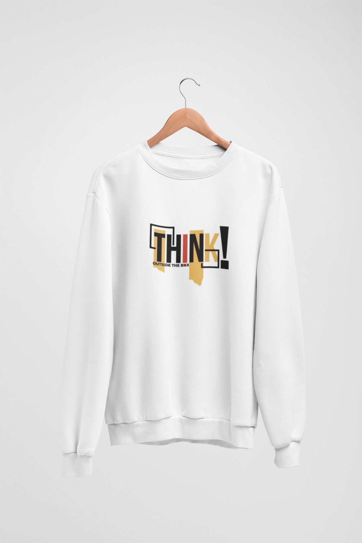 Butik Unisex Uzun Kol 2 İplik THINK Transfer Baskılı Bisiklet Yakalı Sweatshirt