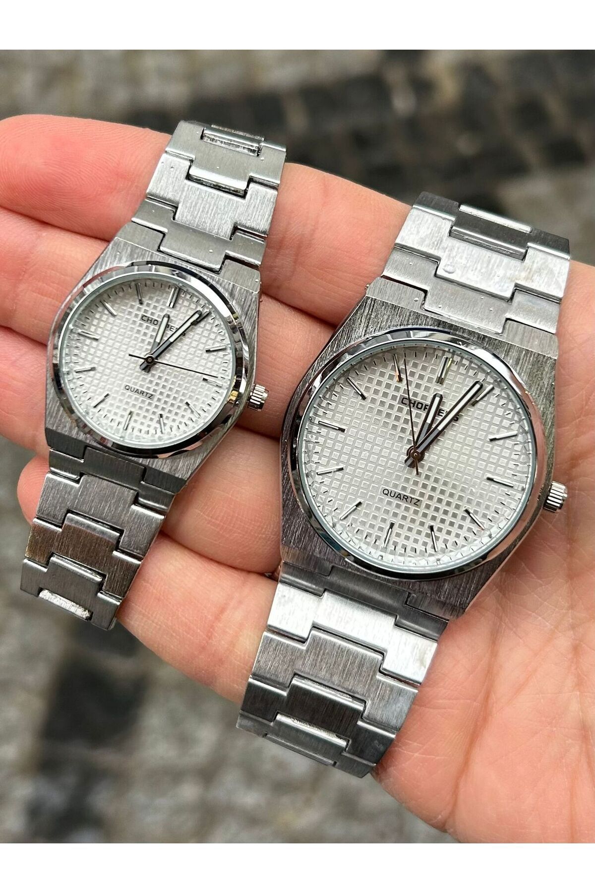 Choppers-Silver Color Stylish Dial Brushed Steel Matte Surface Special Occasions Steel Band Couple Wristwatch 1