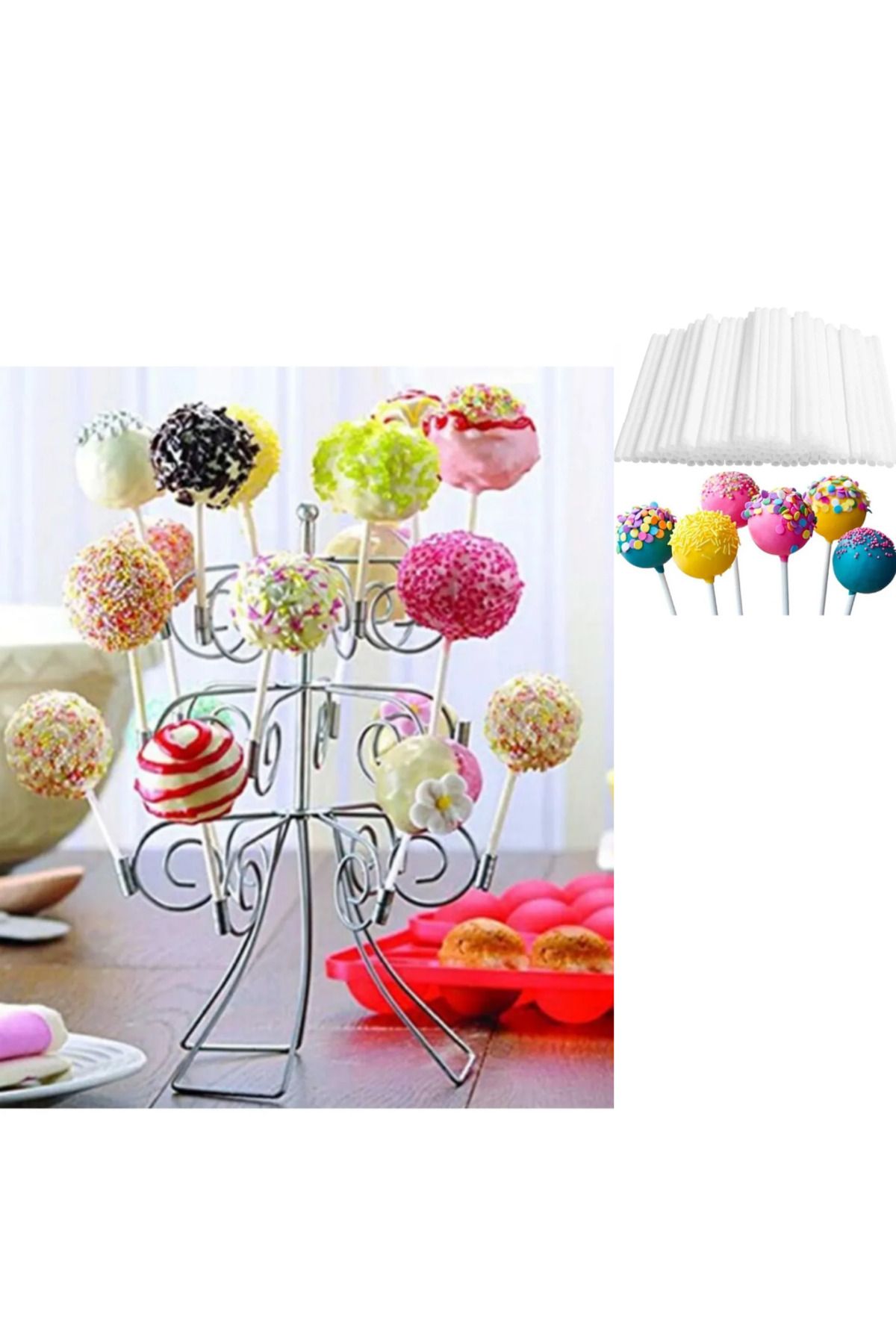 adin tasarım-Set of 100 Cakepops - Pop Cake Mini Cake with Lollipop Candy Stand and Cake Pops Lollipop Stick 1