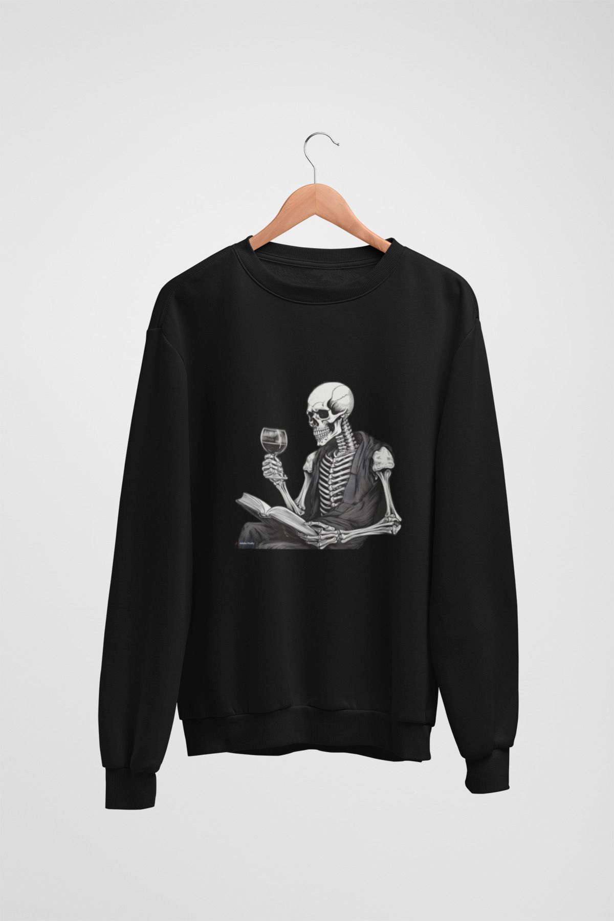 Butik Unisex Uzun Kol 2 İplik KİTAP OKUYAN İSKELET Transfer Baskılı Bisiklet Yakalı Sweatshirt