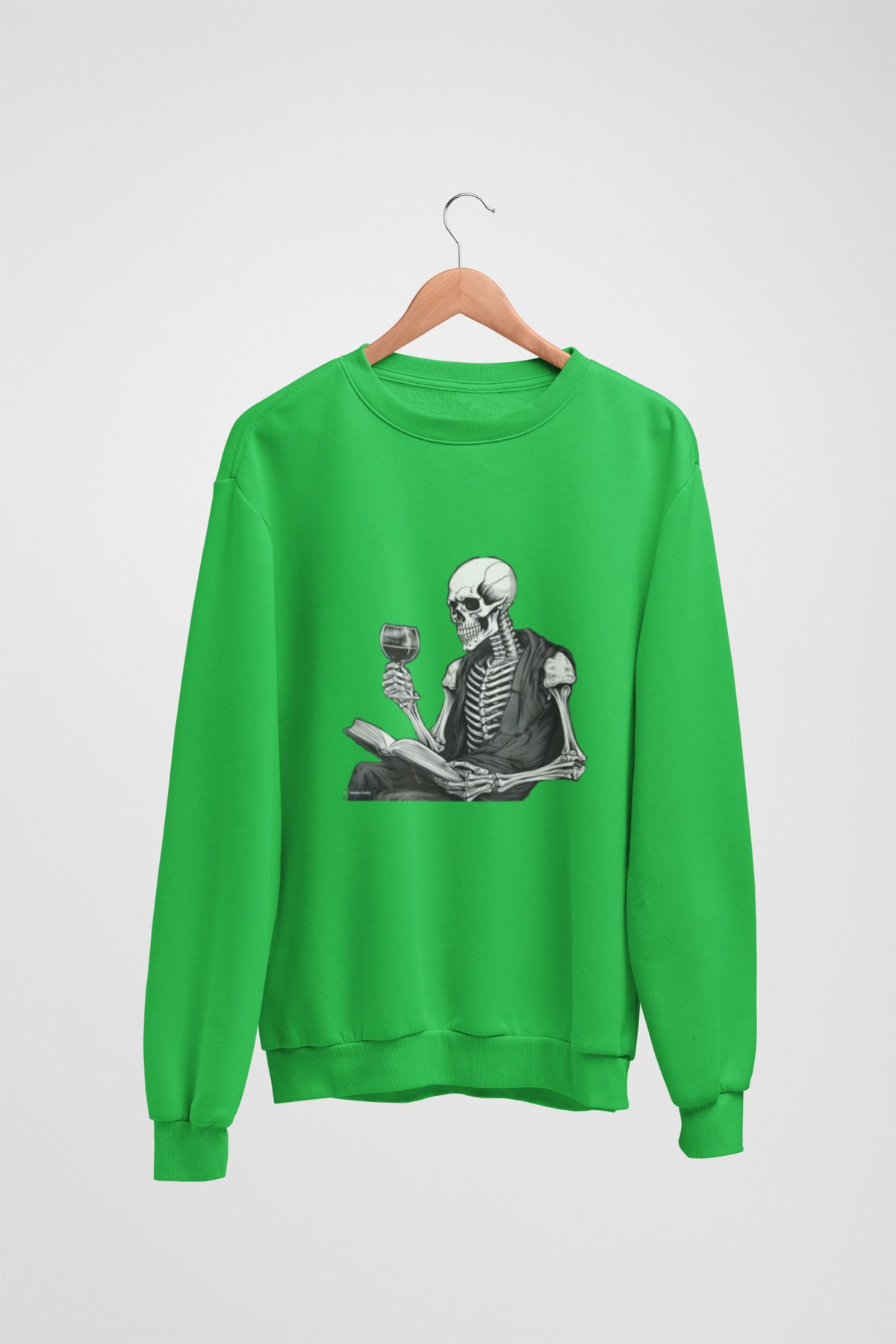 Butik Unisex Uzun Kol 2 İplik KİTAP OKUYAN İSKELET Transfer Baskılı Bisiklet Yakalı Sweatshirt