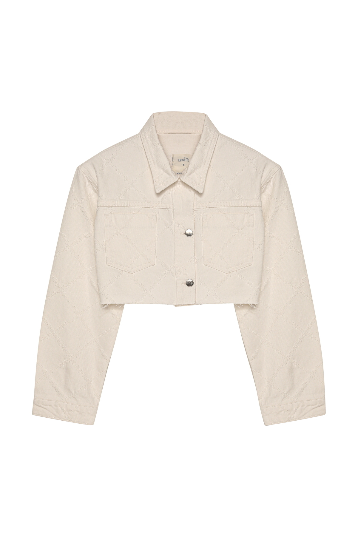 Quzu  Örgü Detaylı Düğmeli Crop Kot Ceket Krem - Görsel 2