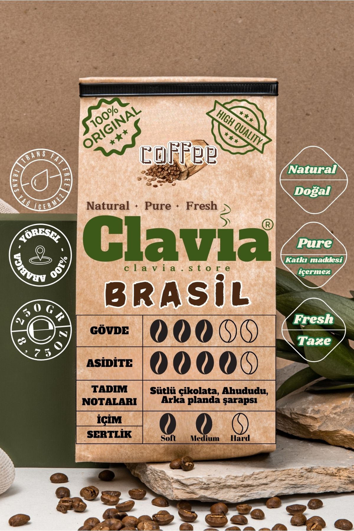 clavia Öğütülmüş veya Çekirdek Kahve, Öğütme şeklini seçebilirsiniz; Espresso, Filtre Kahve, Brasil 250gr