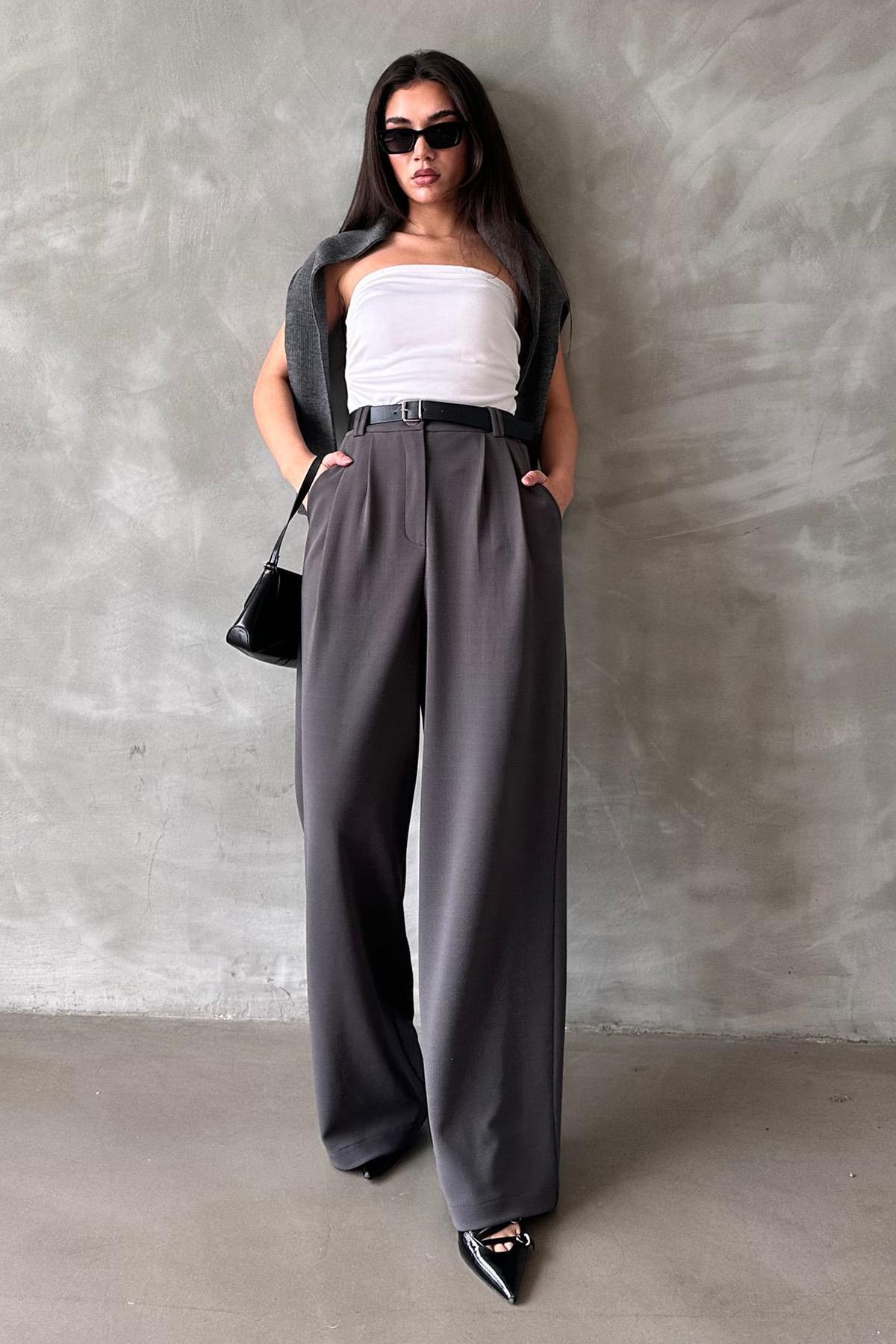 Madmext  Füme Çift Pileli Kemerli Pantolon Mg2330 - Görsel 2