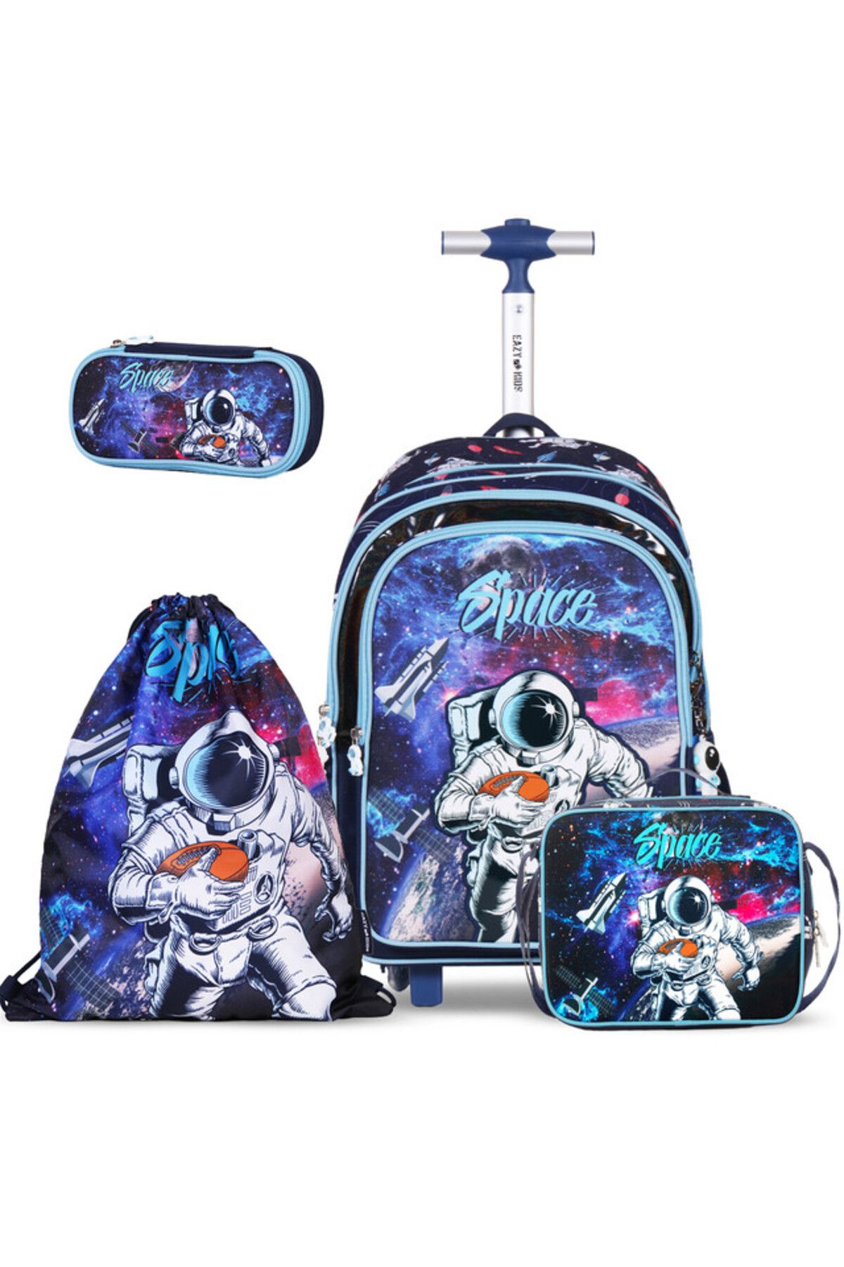 Eazy Kids Back to School 18" Set of 4 School & Lunch Bag Activity Bag & Pencil Case Astronaut - Blue