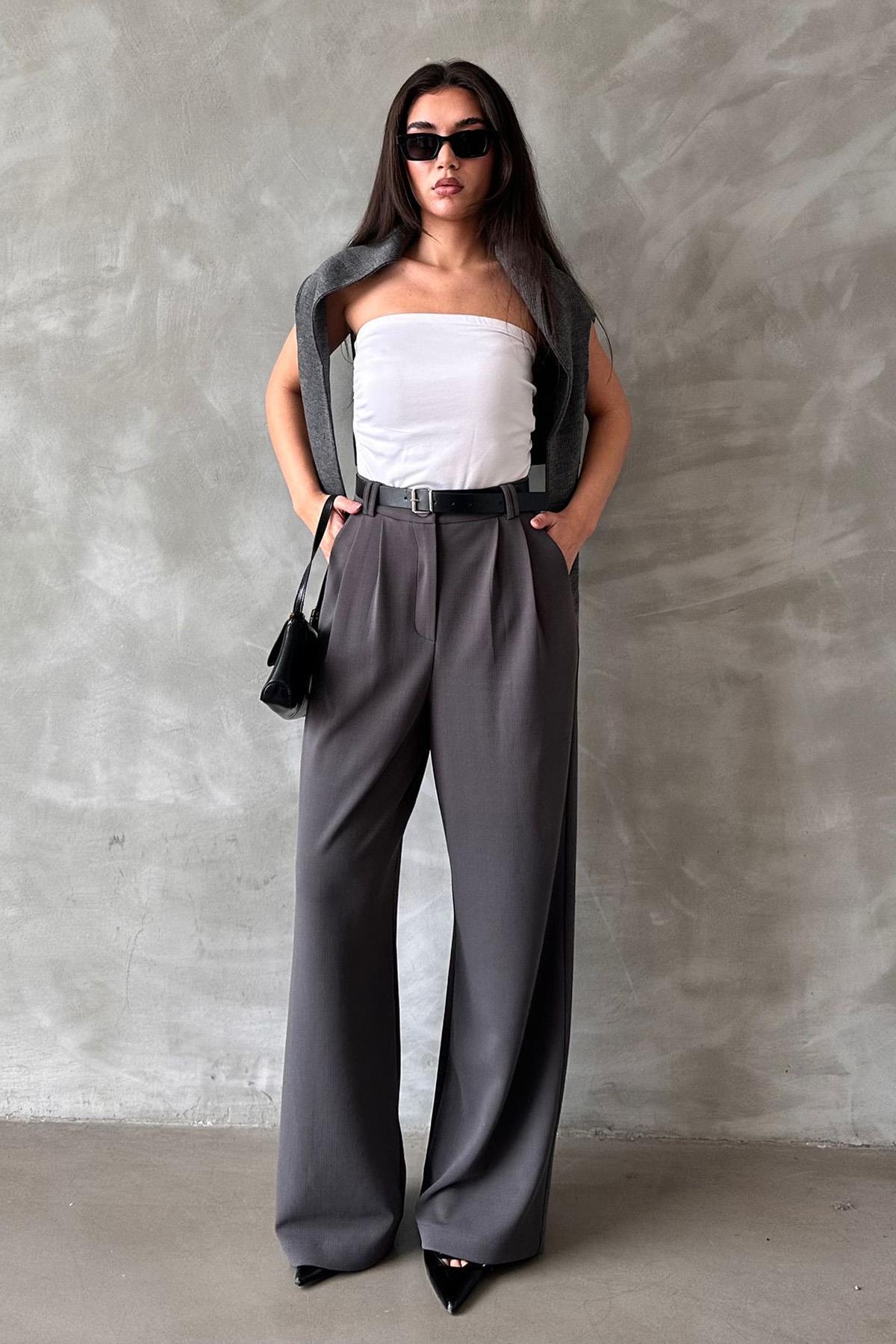 Madmext  Füme Çift Pileli Kemerli Pantolon Mg2330 - Görsel 6