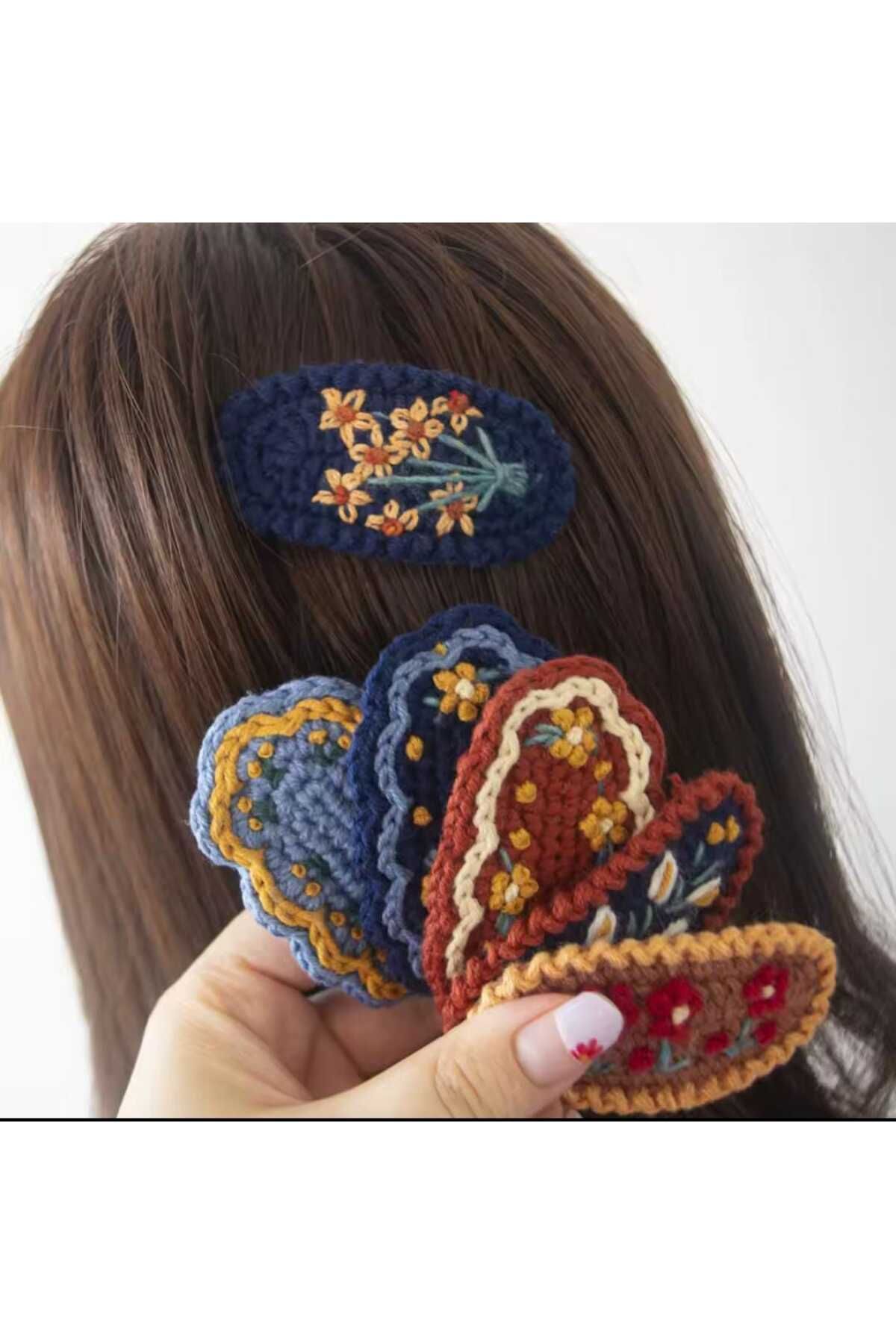 Kadın Girişimciler Atölyesi Çiçek İşlemeli Anne&Kız Niş Her Yaş Grubuna Uygun Organik Handmade 5'li Çıt Çıt Toka Saç Aksesuarı