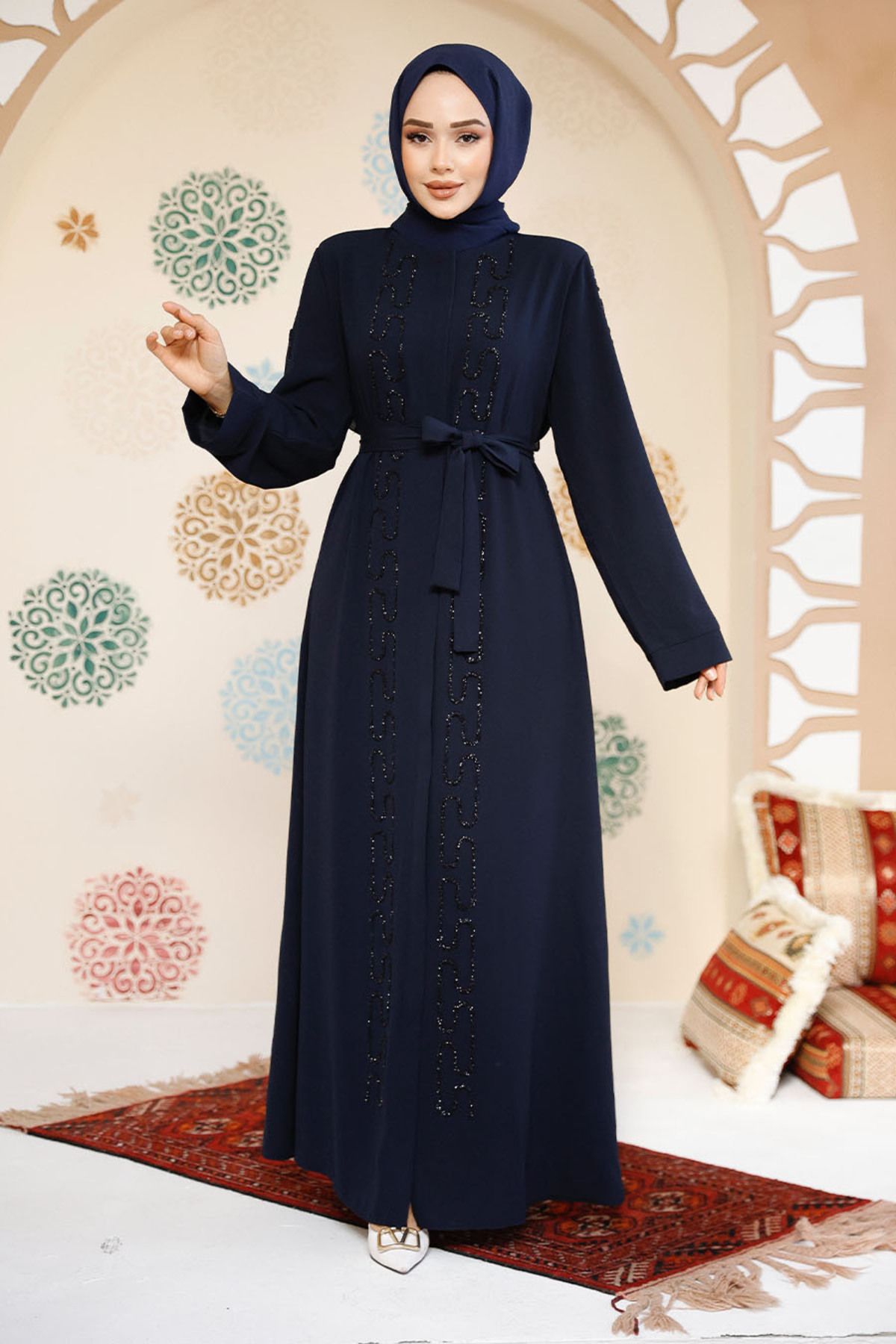 Neva Style-Bead Embroidered Navy Blue Hijab Abaya 29118L 3