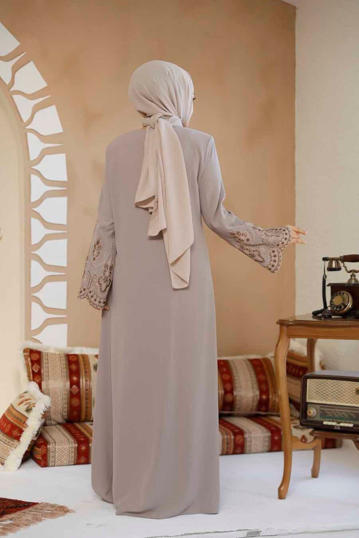 Neva Style-Beige Hijab Abaya - Embroidery Pattern, Model 98221Beige 4