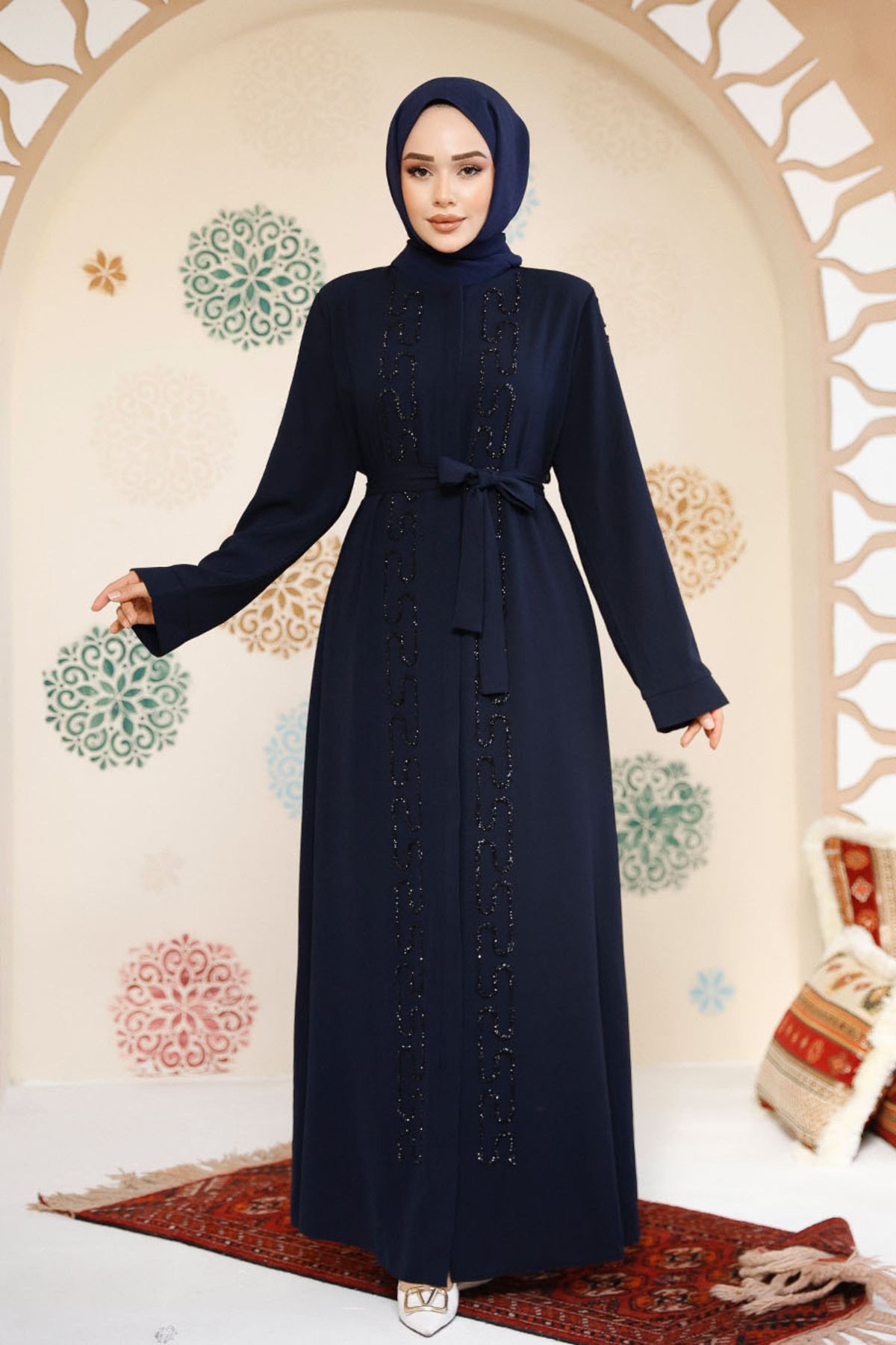 Neva Style-Bead Embroidered Navy Blue Hijab Abaya 29118L 2