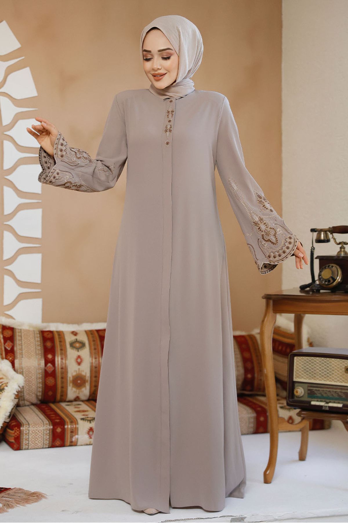 Neva Style-Beige Hijab Abaya - Embroidery Pattern, Model 98221Beige 1