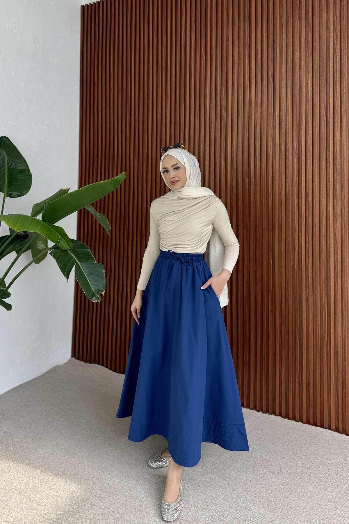 Melike Tatar-Dark Blue Elastic Waist Skirt 3-2225 2