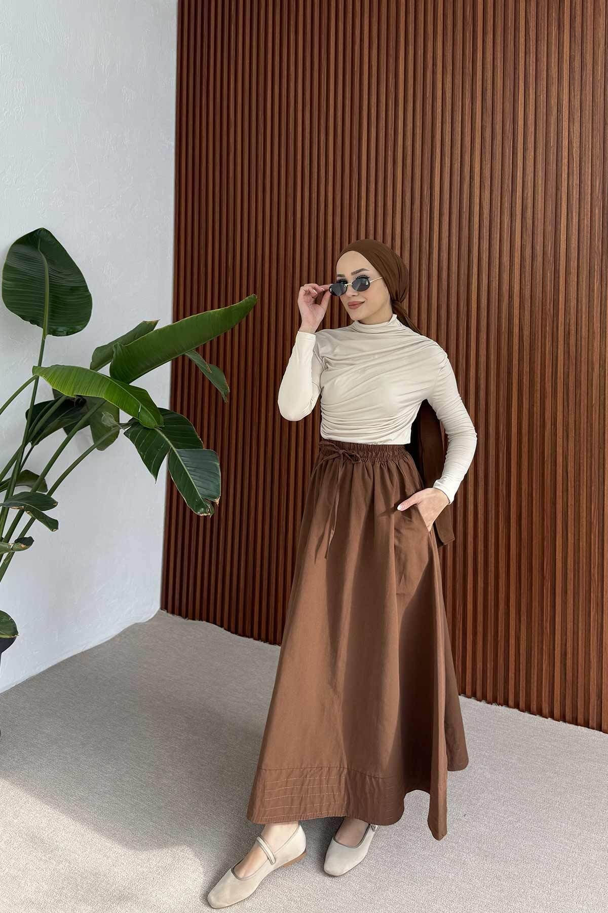 Melike Tatar-Brown Elastic Waist Skirt 3-2225 4
