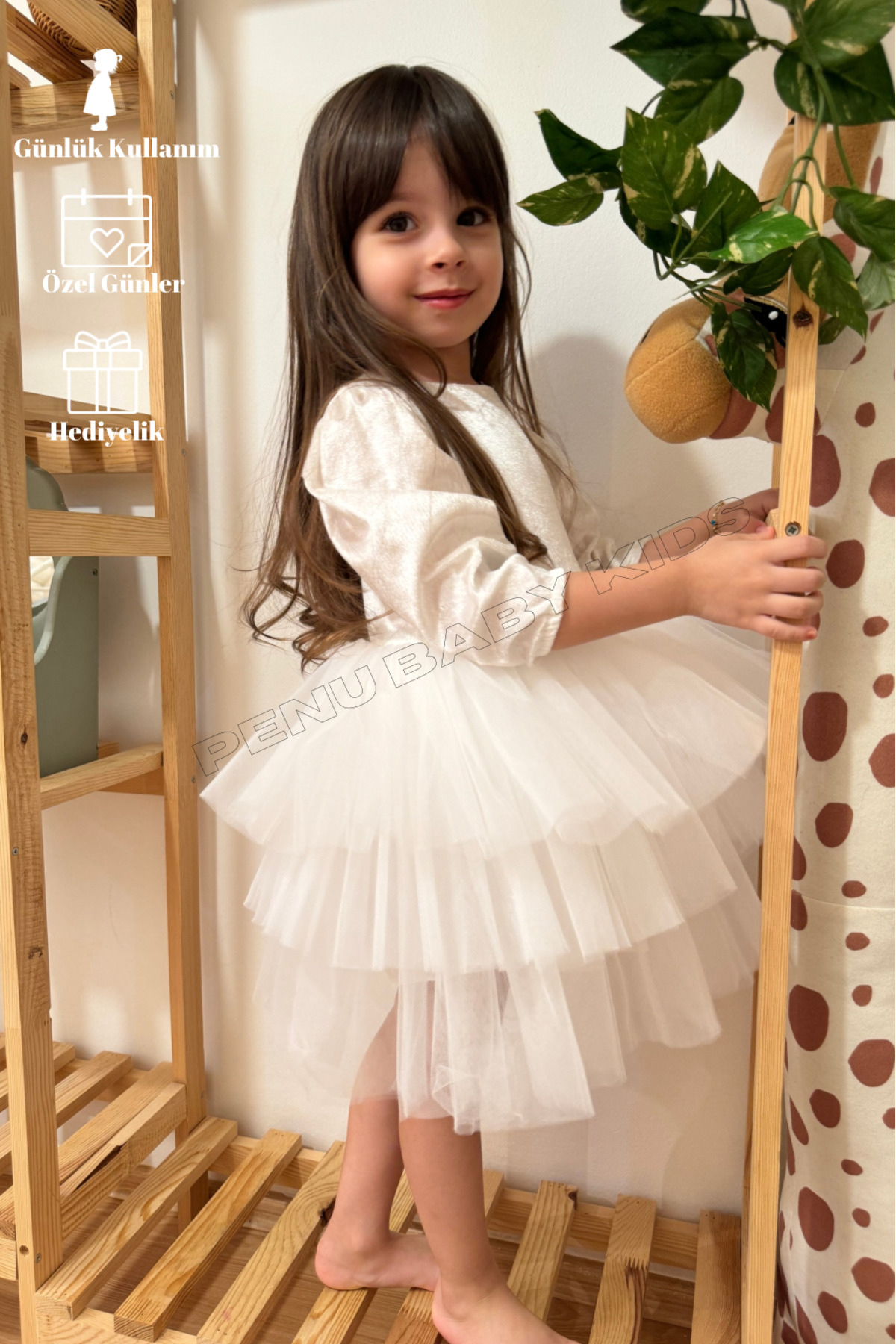 penu baby kids Ekru Kat Etekli Kadife Uzun Kollu Kız Bebek Kız Çocuk Elbise - Velvet fotoğrafı 2 (önizleme)