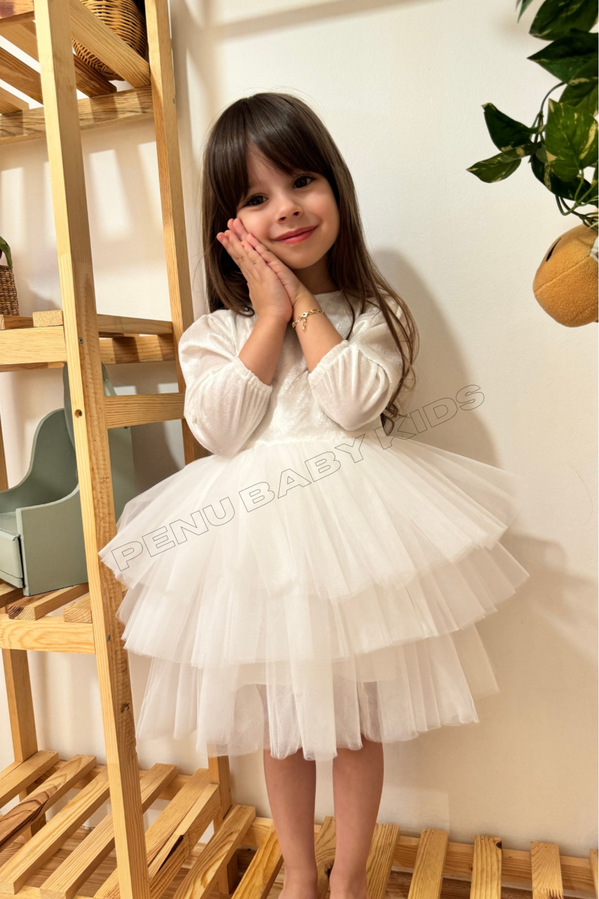 penu baby kids Ekru Kat Etekli Kadife Uzun Kollu Kız Bebek Kız Çocuk Elbise - Velvet fotoğrafı 4 (önizleme)