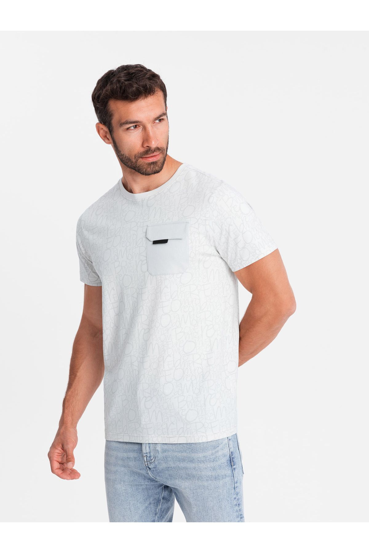 OMBRE-Men's cotton t-shirt with letter print and pocket - white-gray V3 OM-TSFP-0188 M 3