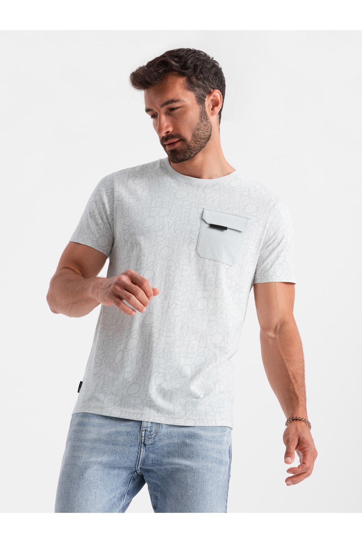 OMBRE-Men's cotton t-shirt with letter print and pocket - white-gray V3 OM-TSFP-0188 M 2