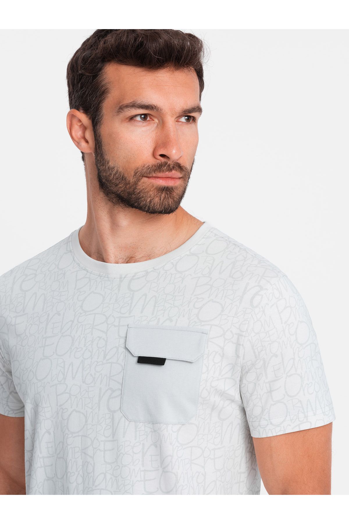 OMBRE-Men's cotton t-shirt with letter print and pocket - white-gray V3 OM-TSFP-0188 M 1