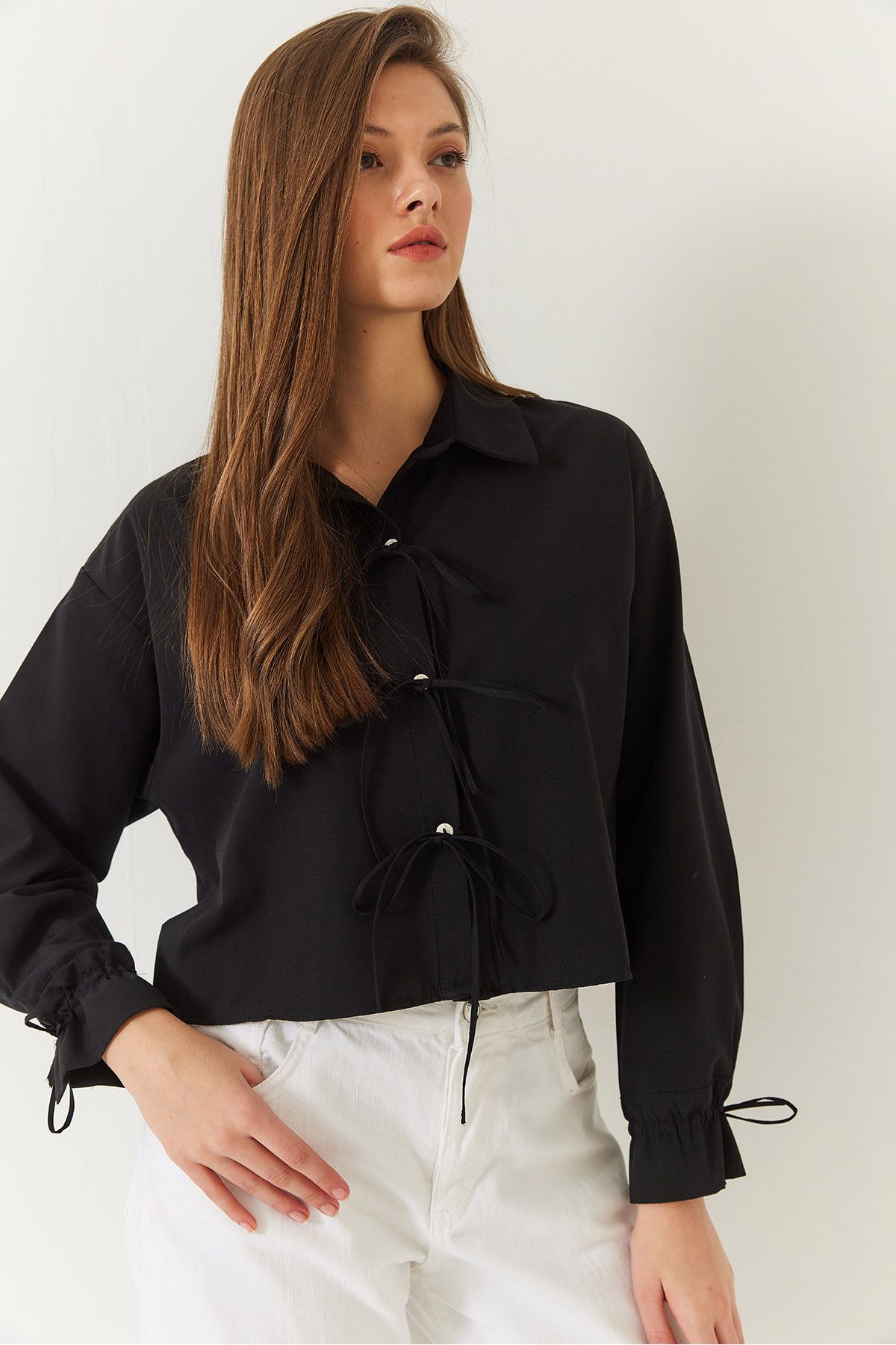 Bianco Lucci-Front and Sleeve Tie Detailed Crop Shirt 2022 60271070 5