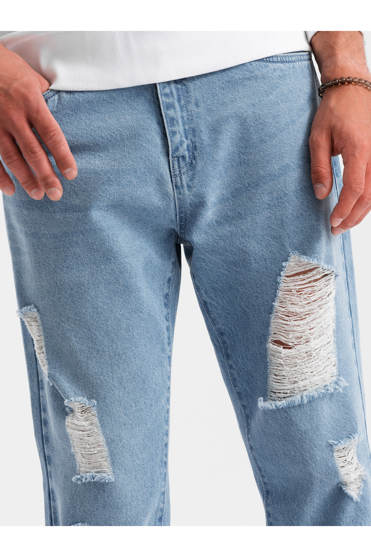 OMBRE-Ανδρικό τζιν παντελόνι TAPERED FIT με τρύπες - γαλάζιο V1 OM-PADP-0175 XXL 5