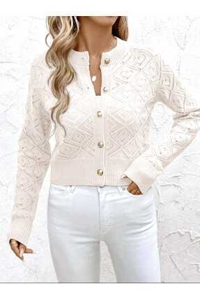 DRESSY CL Ajurlu Baklava Desen Düğmeli Ara Boy Hırka