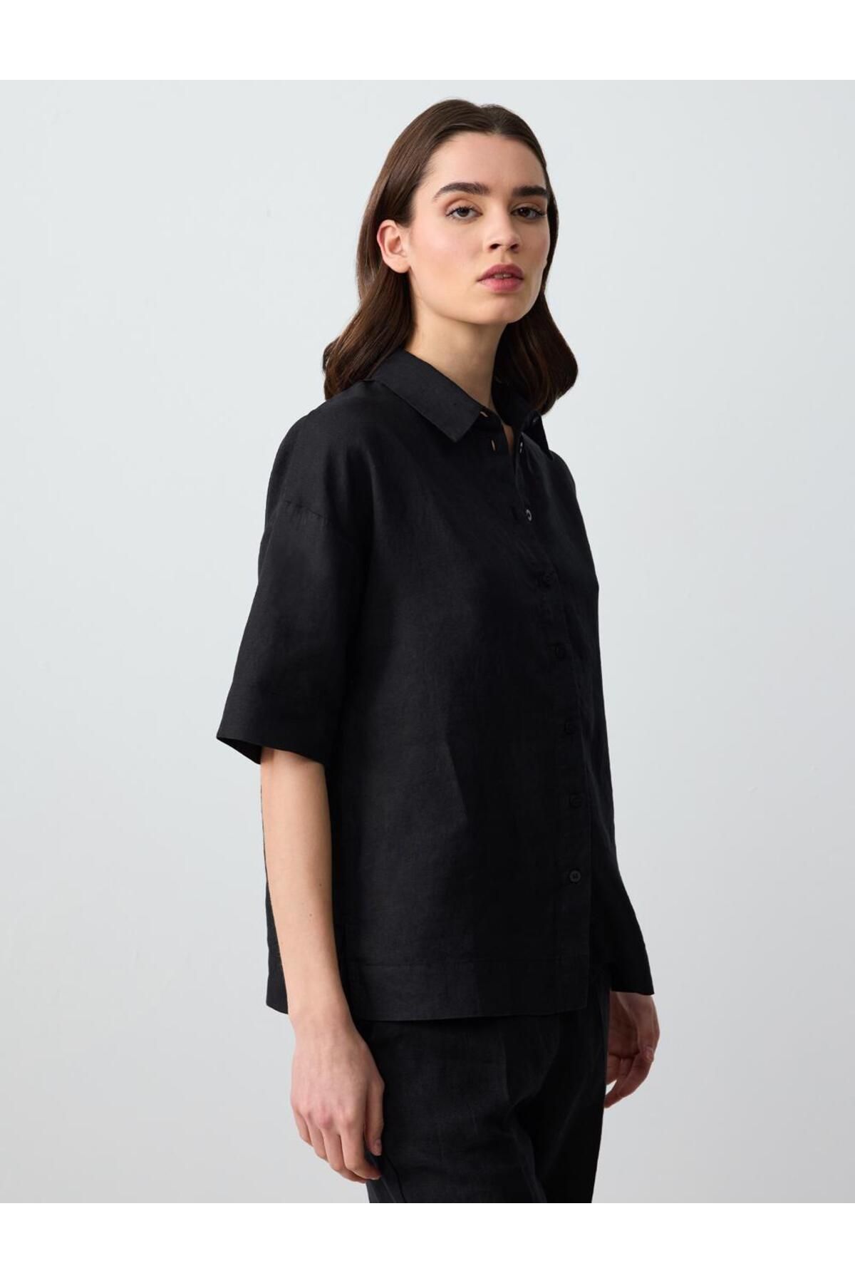 Jimmy Key-Black Straight Cut Short Sleeve Woven Linen Shirt 4