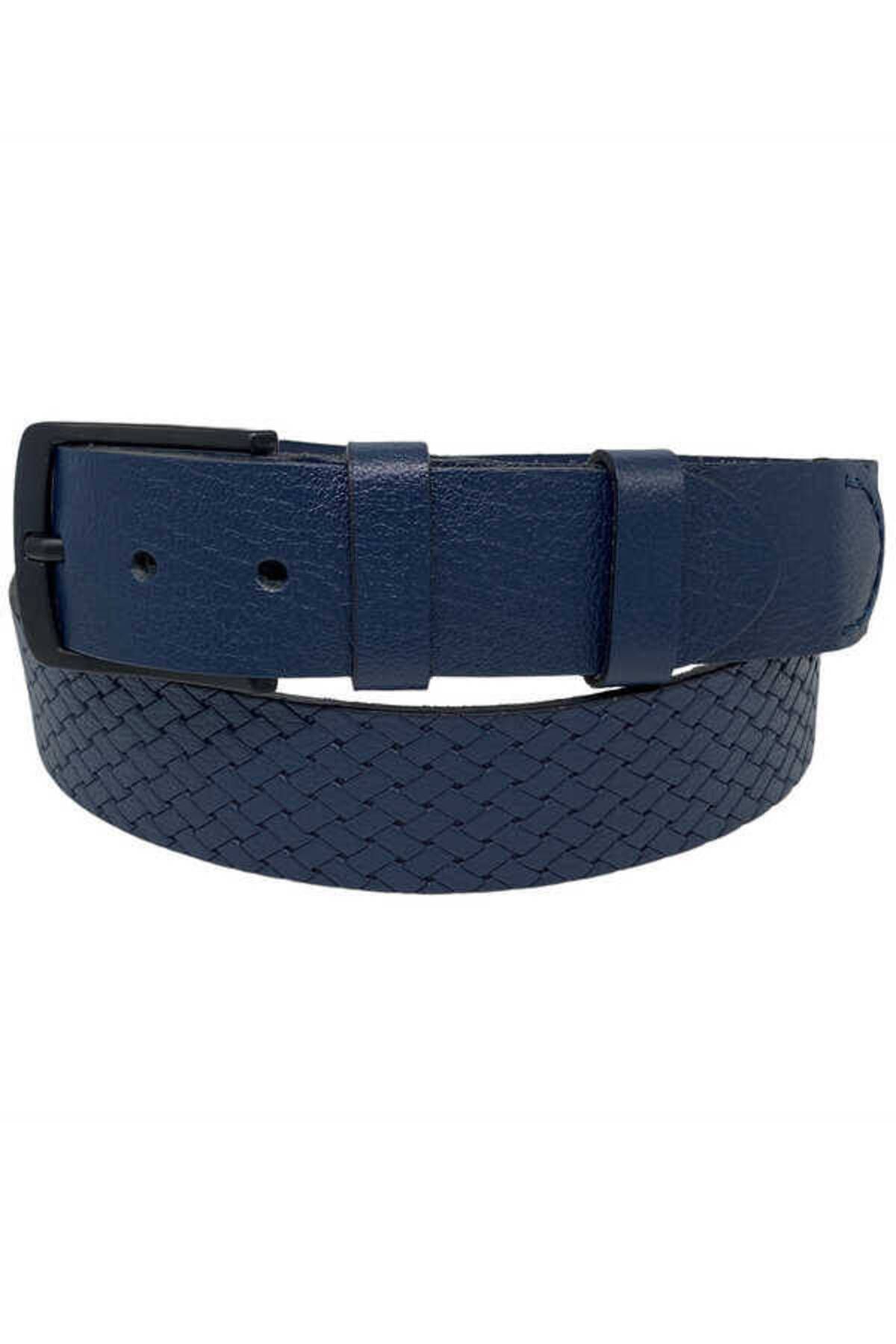 S.S SÜZER DERİ-Navy Blue Genuine Leather Special Production 3-Piece Handcrafted 4 cm Unisex Sports Jeans Belt 4