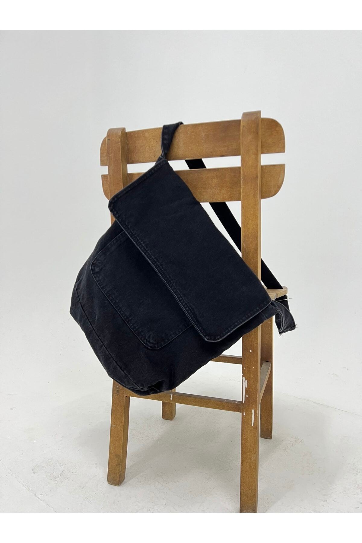 Genel Markalar Vintage Unisex Kot Siyah - Gri Renkli Iç Hacmi Geniş Postacı Çantası görsel 2