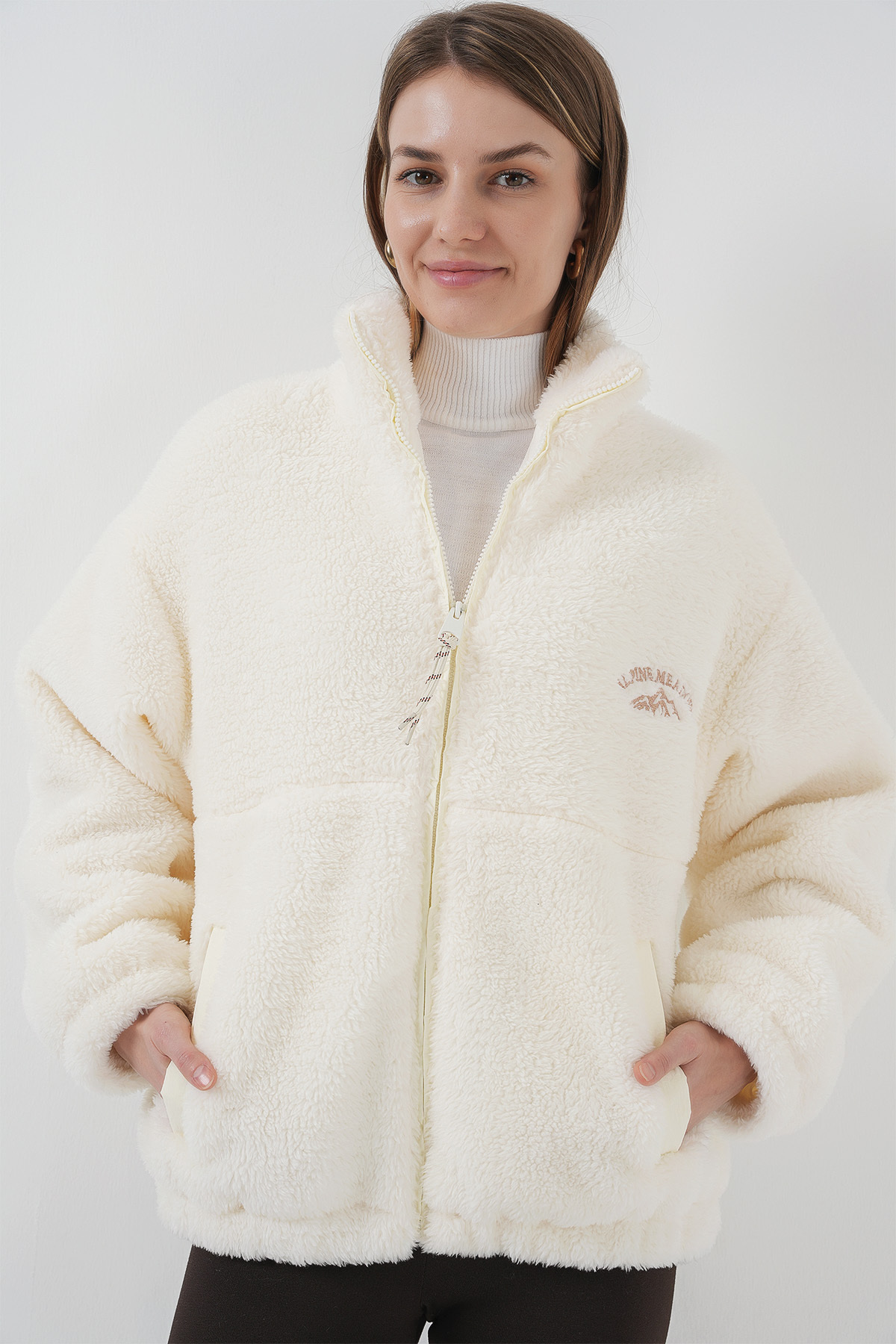 Bigdart-5212 Women's Oversize Plush Jacket - Ecru Coat 4