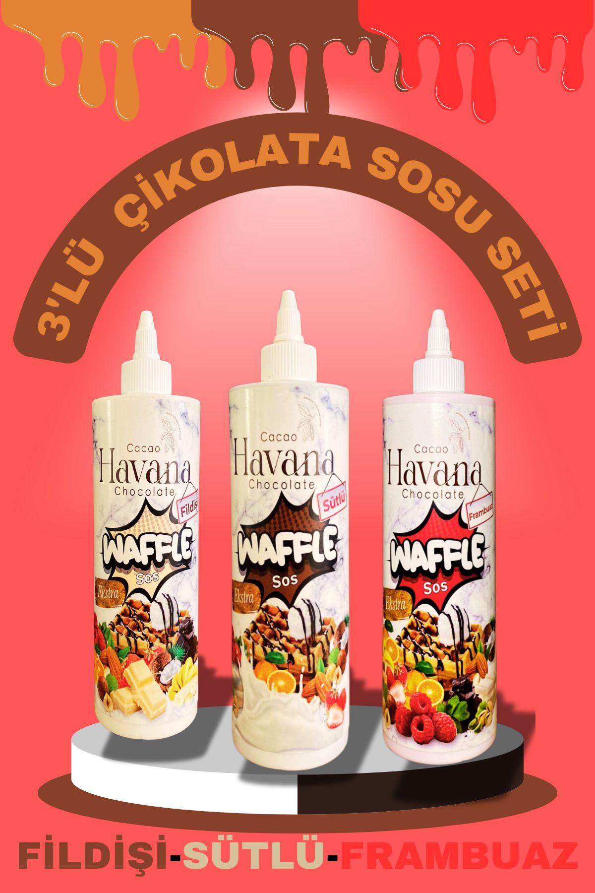 Cacao havana ÇİKOLATA SOS SÜTLÜ-FİLDİŞİ-FRAMBUAZ 3'LÜ PAKET WAFFLE-KREP-PANKEK-KRUVASAN SOS 3x400GR