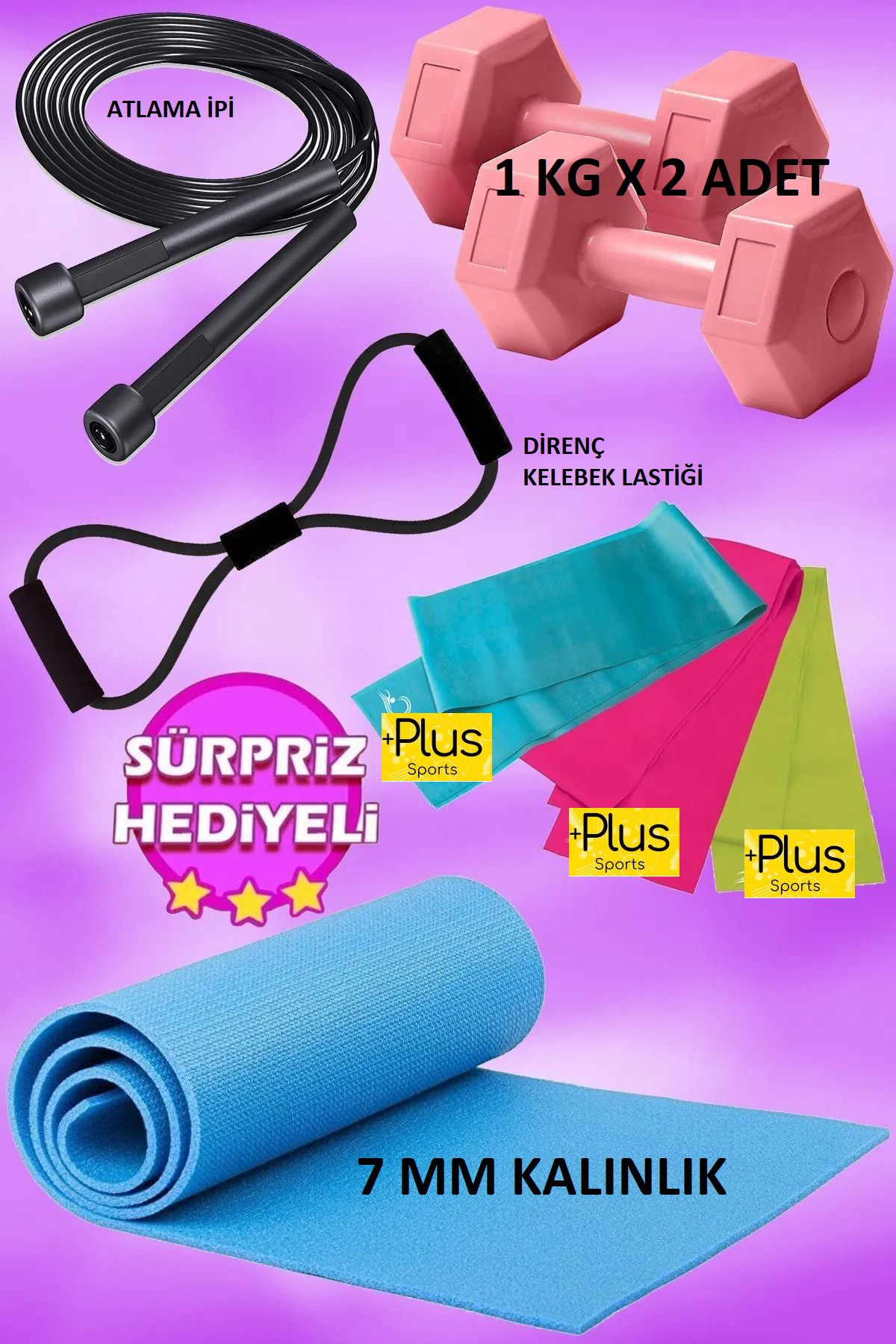 PLUSSPORT 7'Lİ PİLATES YOGA SETİ PREMİUM SERİSİ YOGA MATI DİRENÇ BAND ATLAMA İPİ SEKİZGEN LASTİK SÜPRİZLİ