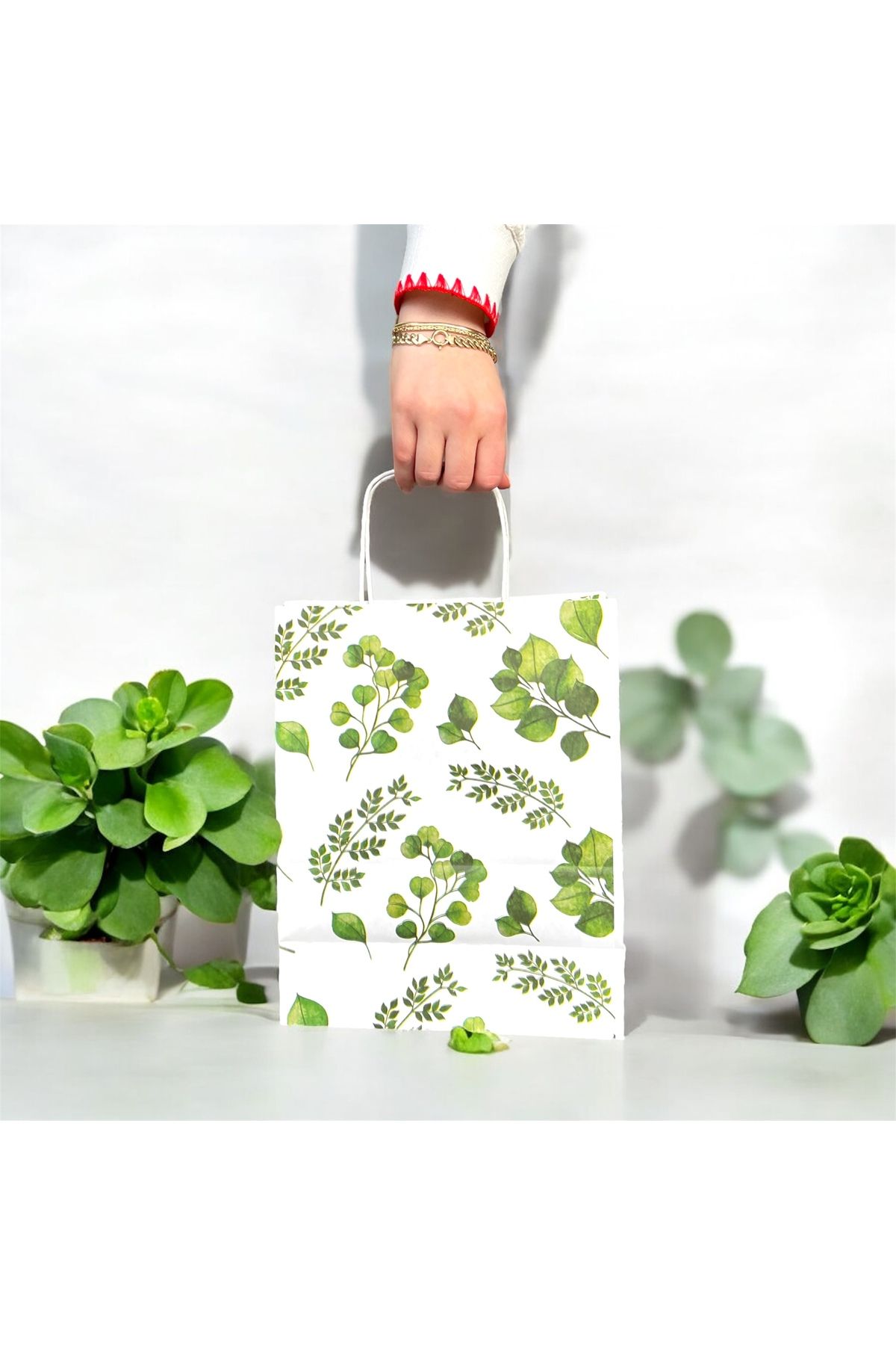 HUR-AY PACK-24 Pcs- Custom Design Leaves Printed White Paper Bags /12 Large +12 Small/ Total 24 4
