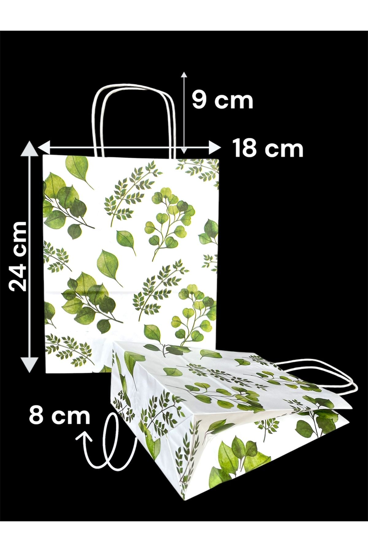 HUR-AY PACK-24 Pcs- Custom Design Leaves Printed White Paper Bags /12 Large +12 Small/ Total 24 3