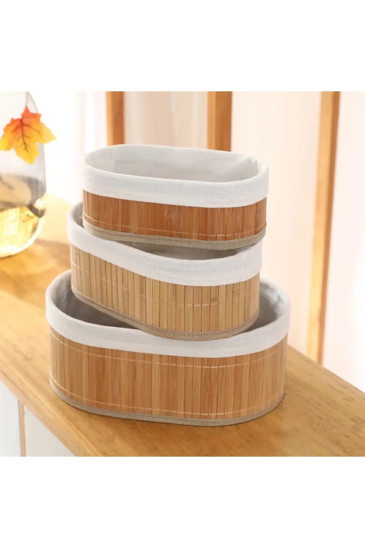 Busstier Doğal Bambu Organizer Kutusu - Ahşap Ekmeklik ve Çok Amaçlı Saklama Sepeti, 3'lü Set