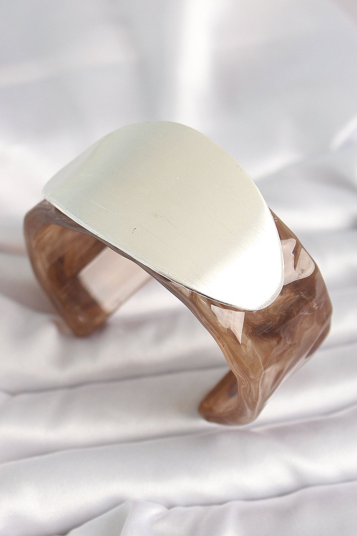 KfksStore Kahverengi Mermer Desen Akrilik Plastik Gümüş Oval Plaka Model Vintage Kadın Bilezik