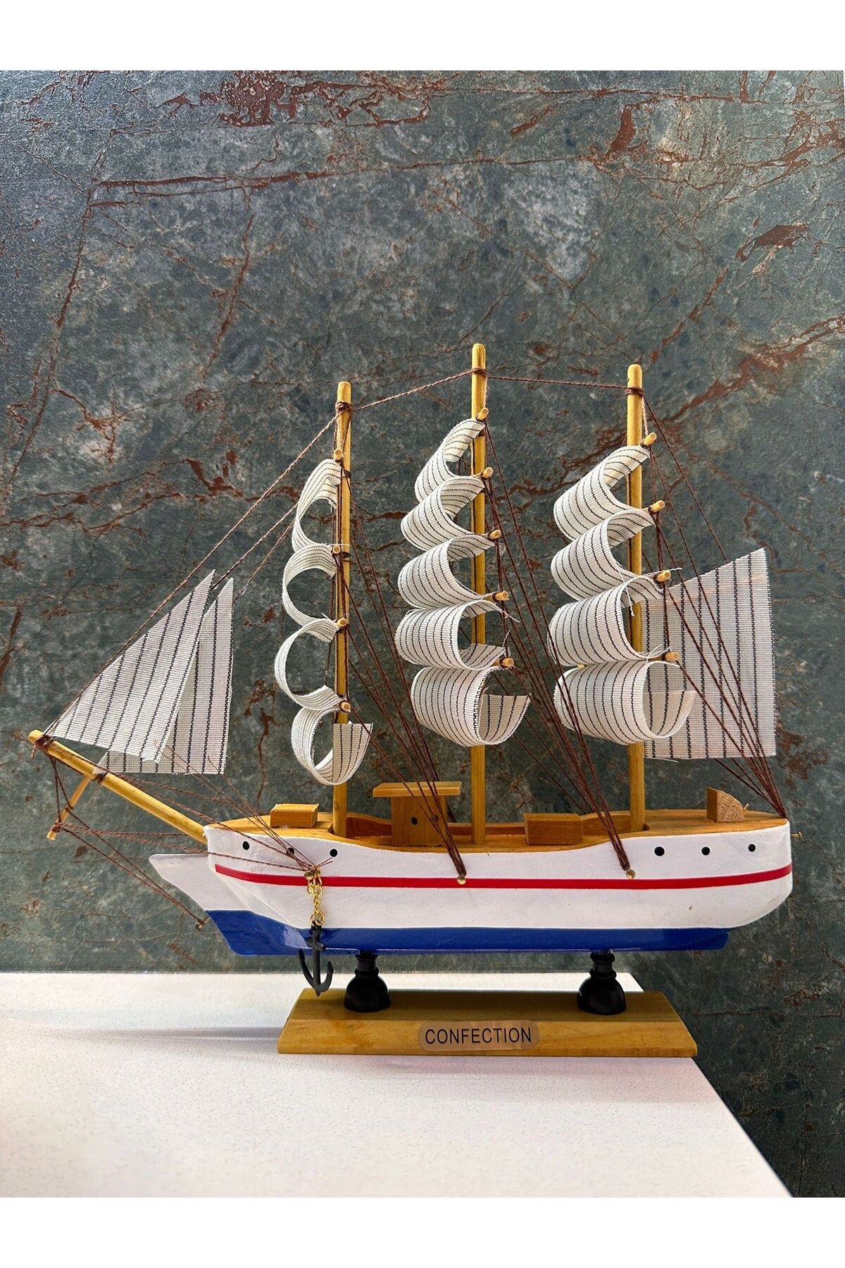 HEDİYEBİZİZ-Wooden Sailing Ship Large Size Confection Blue - White 1