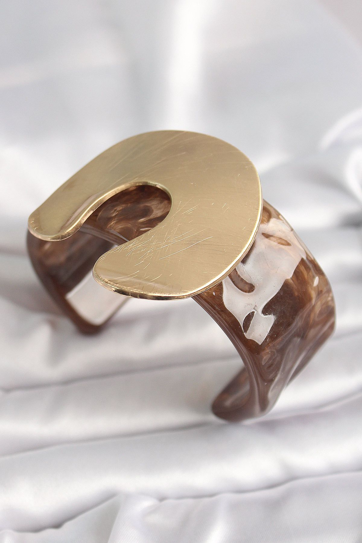 KfksStore Kahverengi Mermer Desen Akrilik Plastik Gold Nal Model Plaka Vintage Kadın Bilezik