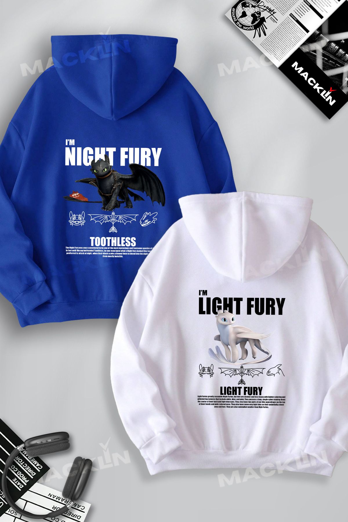 macklin Sevgili & Arkadaş Çift Kombini Night  & Light Fury Ejderha Baskılı Kapüşonlu Sweatshirt 2li Takım