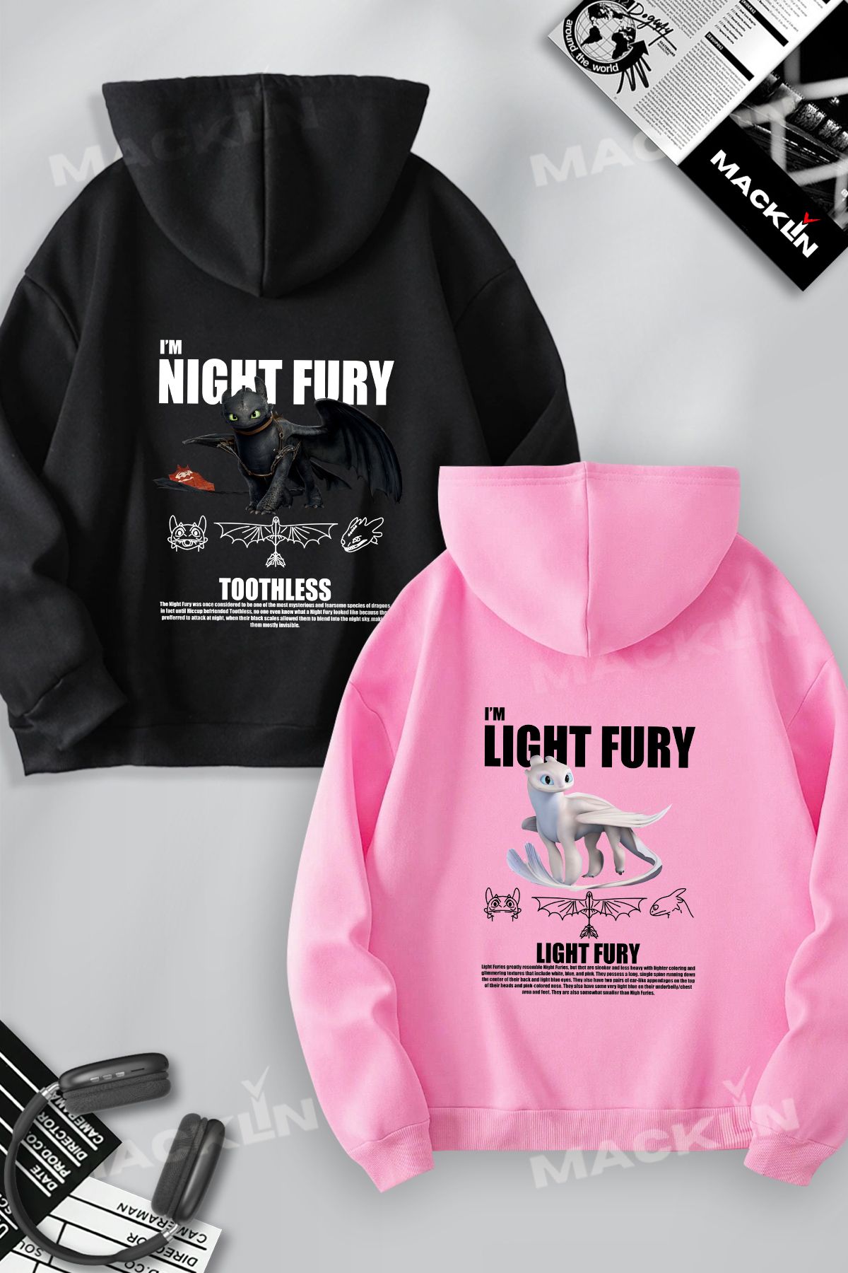 macklin Sevgili & Arkadaş Çift Kombini Night  & Light Fury Ejderha Baskılı Kapüşonlu Sweatshirt 2li Takım