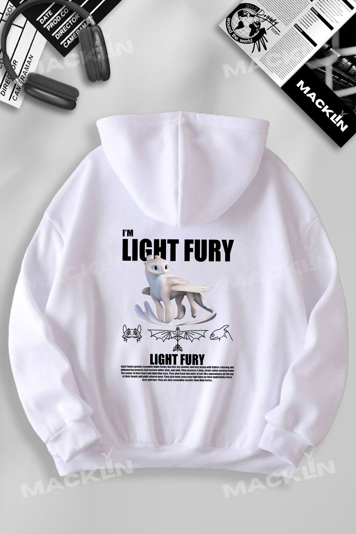 macklin Unisex Kadın Erkek Night  & Light Fury Ejderha Baskılı Özel Tasarım Baskılı Kapşonlu Sweatshirt